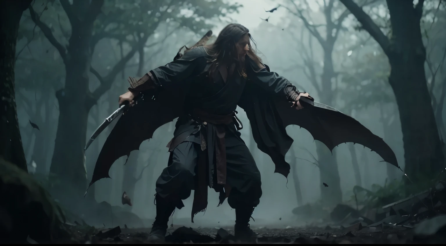 cinematic. a young long-haired hero, swinging the extremely powerful ancient sword in his hand. His sword split the ancient bat demon body