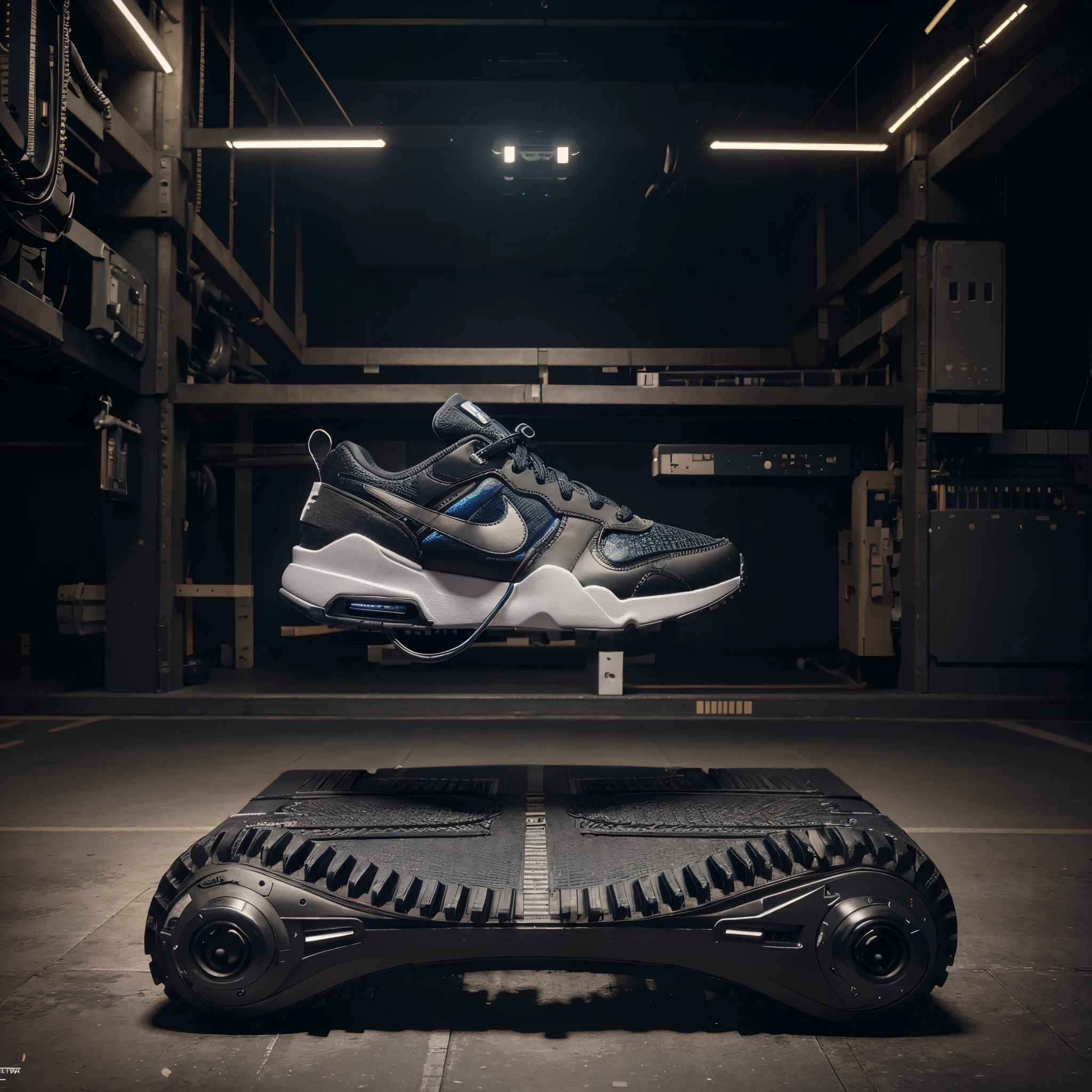 Nike sneakers made out (gears, wires, mechanical, electronics), PCB, hyper-realis, futurist, stunning unreal engine render, product photography 8k, hyper-realistic. surrealism