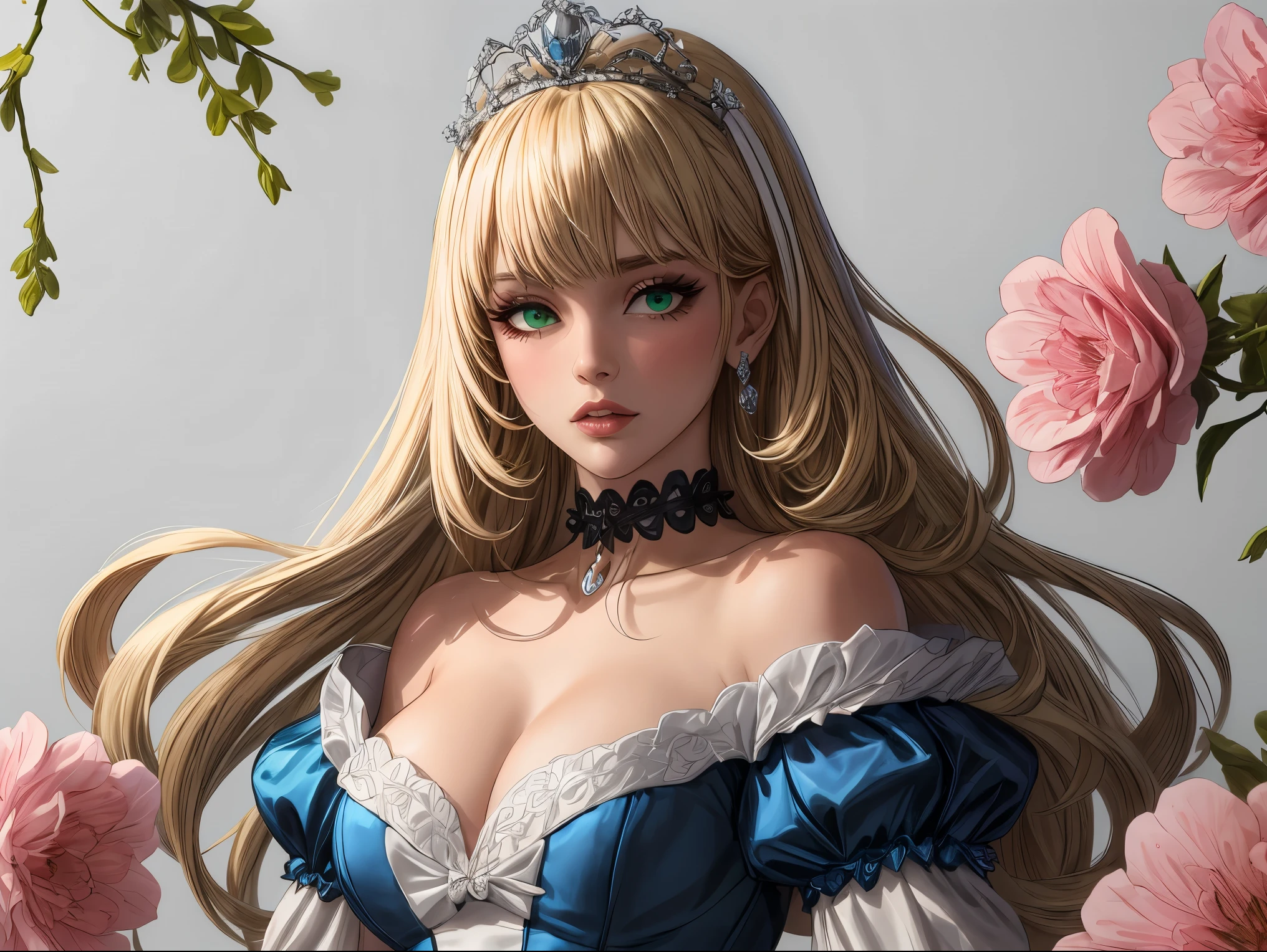 floral background, 1girl, blonde hair, solo, long hair, flower, dress, tiara, white dress, gloves, long sleeves, choker, green eyes, mascara, makeup, white gloves, black bow, black flower, wavy hair, bow, jewelry, looking at viewer, white background, collarbone, puffy sleeves, silver accessories, upper body, parted bangs, very long hair, blue dress, frills, bangs, closed mouth, detailed eyes, (close up), gleaming skin, shiny glossy skin