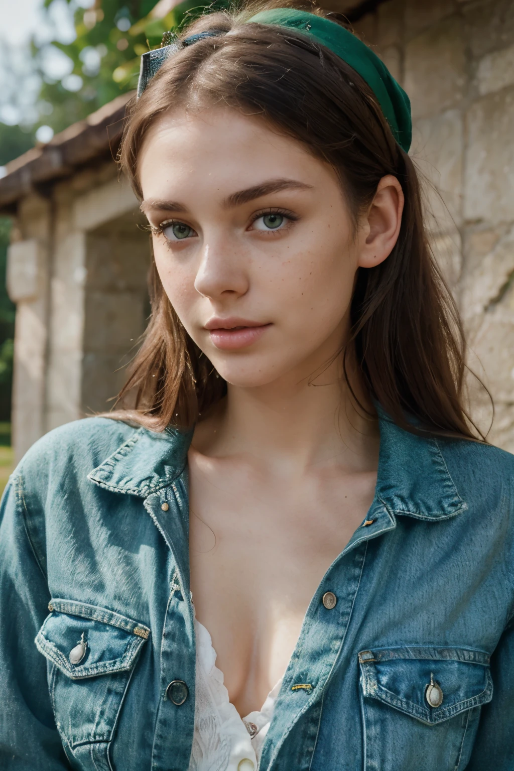 portrait of an absolutely beautiful woman around 22 years old with emerald green eyes, short dark brown hair with a green headband pushing her hair back, pretty pale skin, heart-shaped face, full lips, light freckles, small concave nose, wearing a denim jacket
