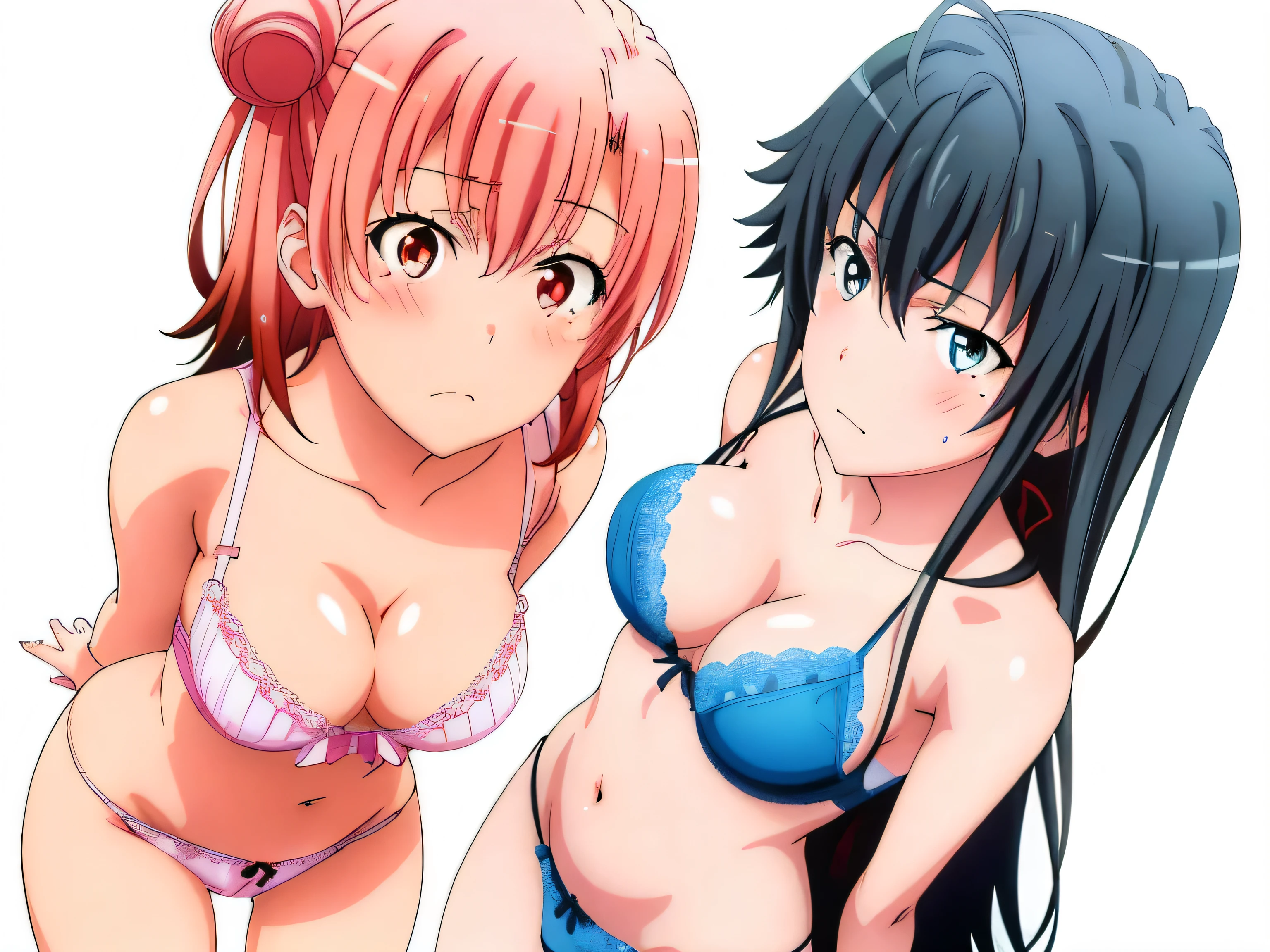 ((2 girls ), ((yuigahama yui is big bust and ヒップライン are great)),((Yukinoshita Yukino)),,In underwear,squat,body turns forward,they have their hands behind their backs,(Bra with nipple bulge line),Shiny bra,belly button,,(Light pink lace panties:1.0),(light blue panties:1.0),Ribbon on panties,pussy line,(thighs),,((high angle:1.0)),(beautiful eyes),look at the camera,blush,troubled face,Insert your head