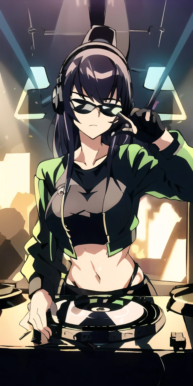 "Cyberpunk DJ girl with cool head set, cool open jacket and crop top shirt, rocking sun glasses, two big LED glowing loudspeakers on each side, immersed in a neon-lit environment, vinyl record on turntable with music mixer and turntable in front of her, exuding an electrifying disco vibe in a futuristic night club."