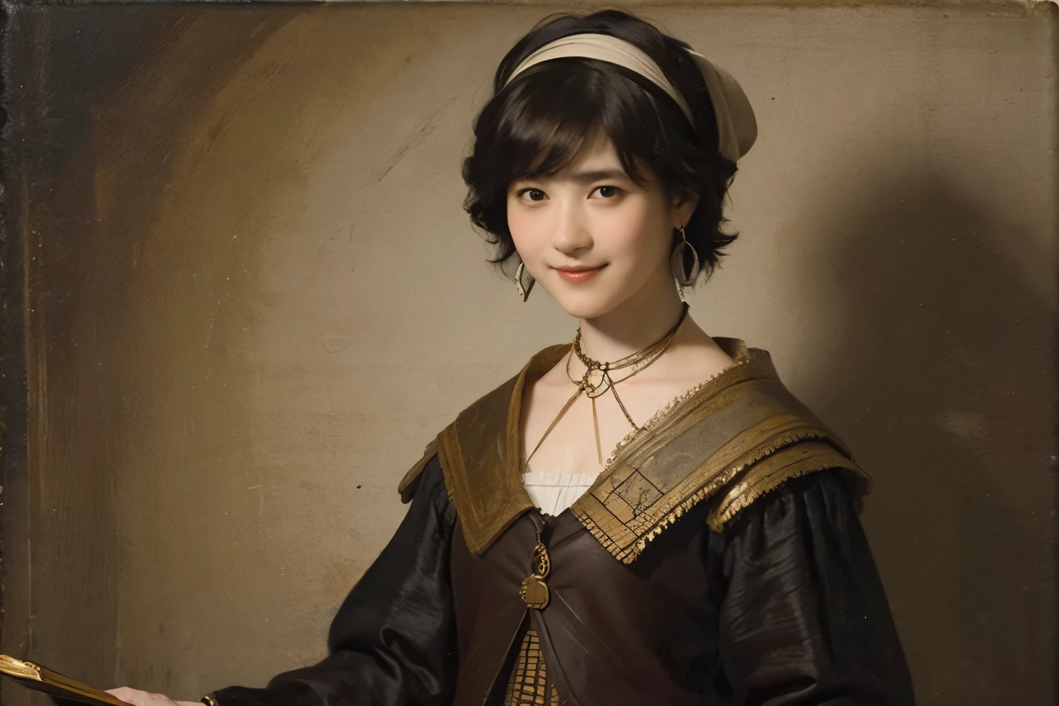 183 Short hair, 20 year old female, gentle smile, (rembrandt style painting), (chest:1.2), whole body
