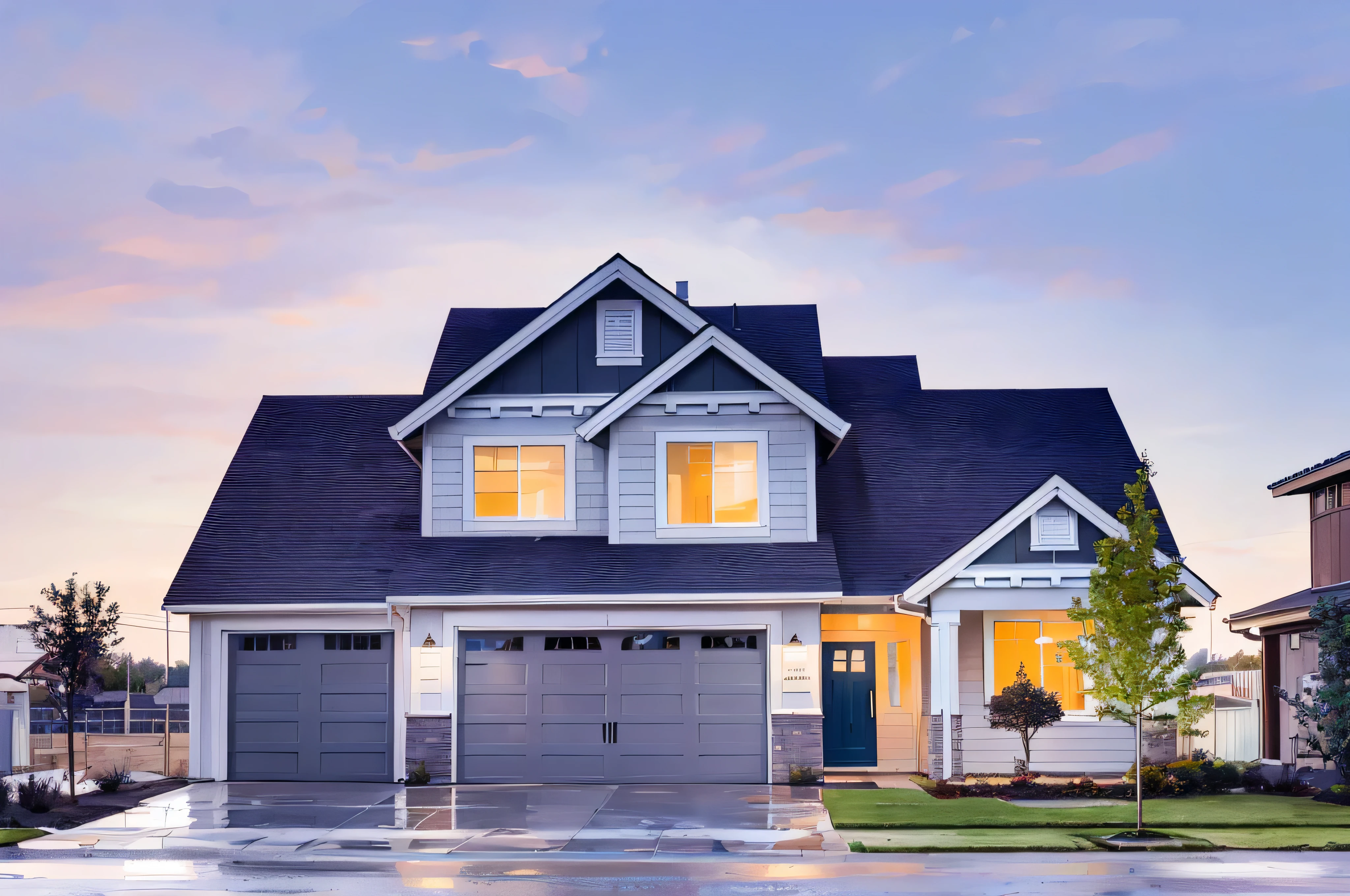 there is a house with a garage and a driveway in the front yard, suburban home, home setting, discovered photo, exterior photography, pristine and clean design, beautiful photo, stunning image, high-quality photo, artistic interpretation, accurately portrayed, high quality image, real estate photography, beautiful image, craftsman home, clean and pristine design, house background, shutterstock