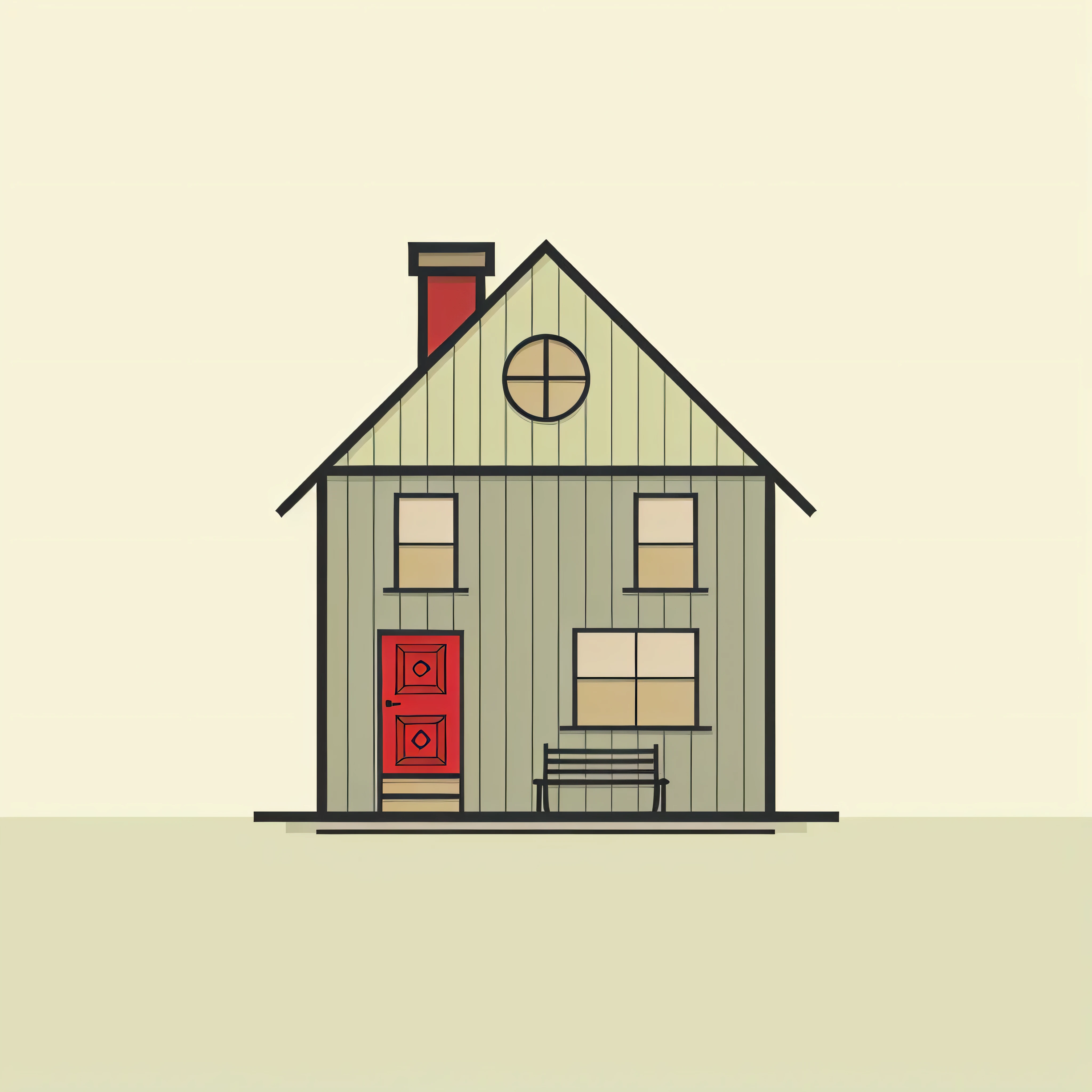 illustration of a small house with a red door and a bench, house illustration, minimalist cartoon style, house on background, house background, house and home, flat illustration, reduced minimal illustration, simple cartoon style, cartoonish and simplistic, flat, in style of simplified realism, wooden house, small cottage with red shutters, simple illustration, simple and clean illustration, cottage