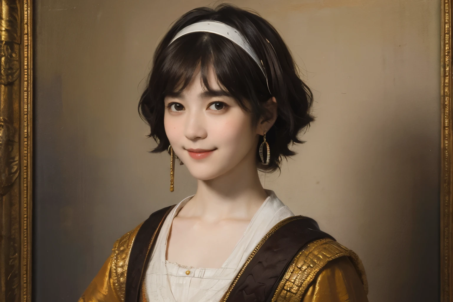 183 Short hair, 20 year old female, gentle smile, (rembrandt style painting), (chest:1.2), whole body