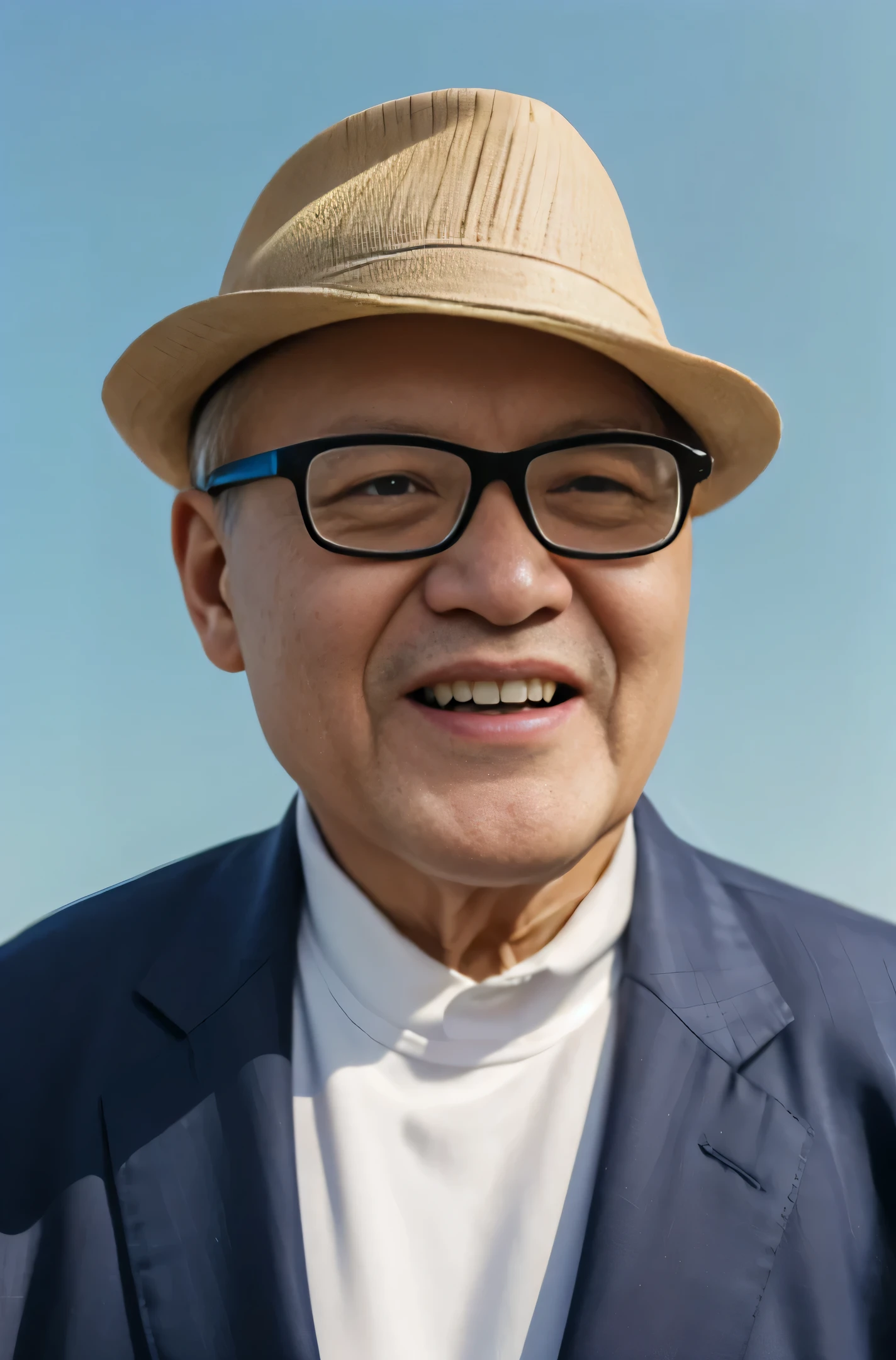Highly realistic photo, ((masterpiece), (best quality), (raw photo), (photorealistic:1.4), Portrait of Vietnamese old man, 70 years old, ((wearing a suit with white shirt)), ((light blue background)), photo taken by Sony A7IV