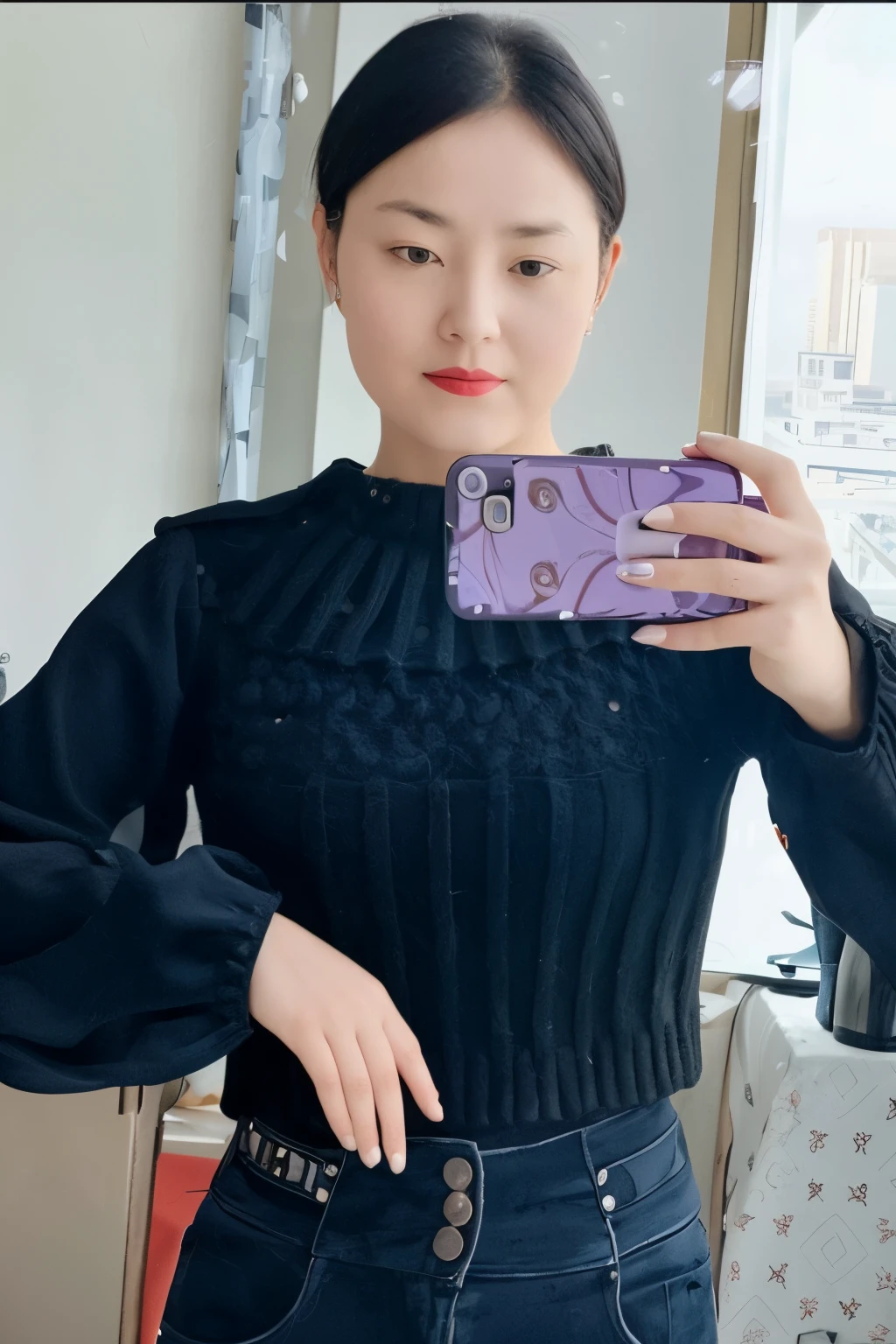 A woman takes a selfie in the mirror,nude