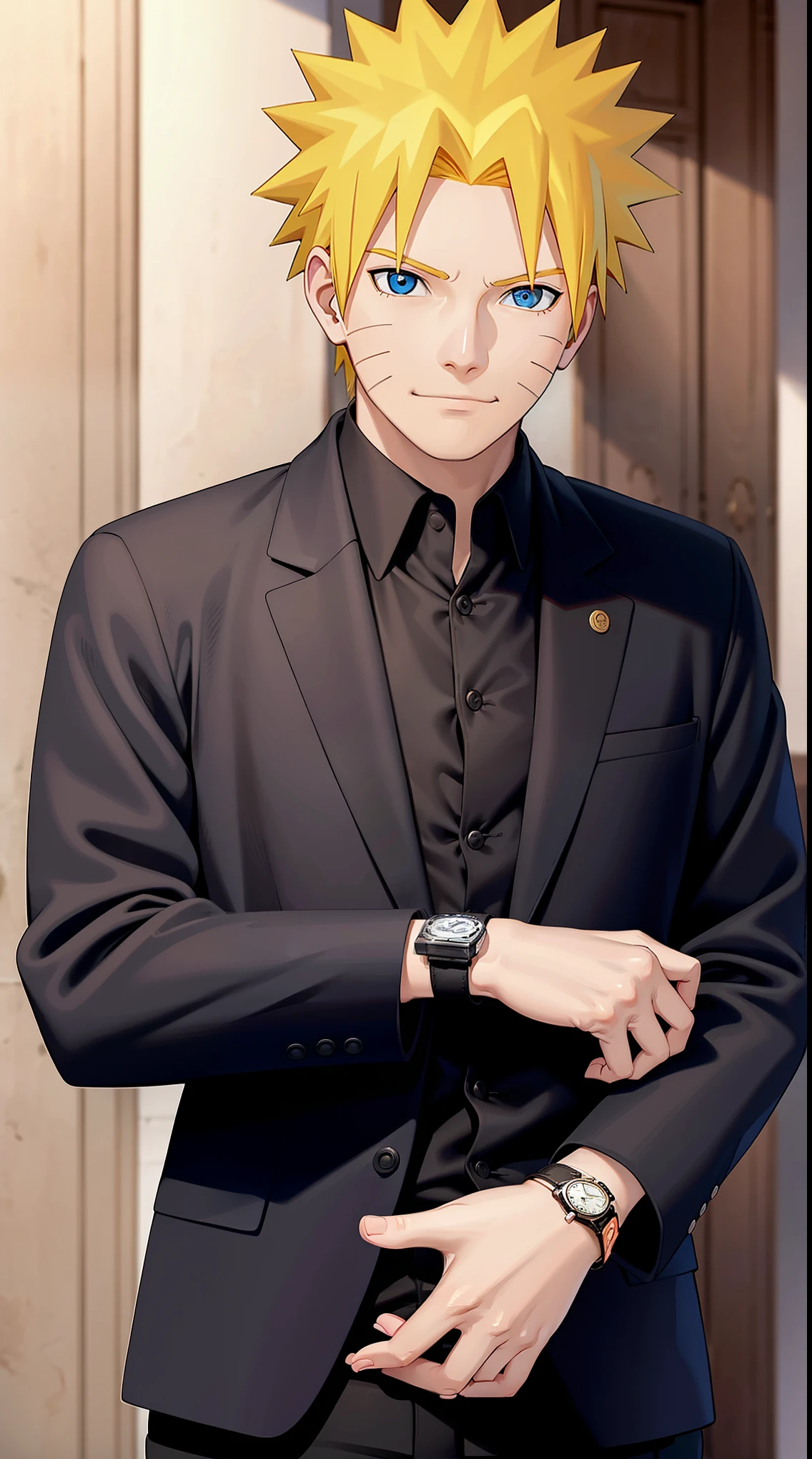 Naruto Uzumaki, blue eyes, no headban, wearing formal clothes, black blazer, black trousers, wearing a watch, was at a luxurious party, the lighting was perfect, looking at the viewer, a slight smile, realism, masterpiece, textured leather, super detail, high detail, high quality, best quality, 1080p, 16k