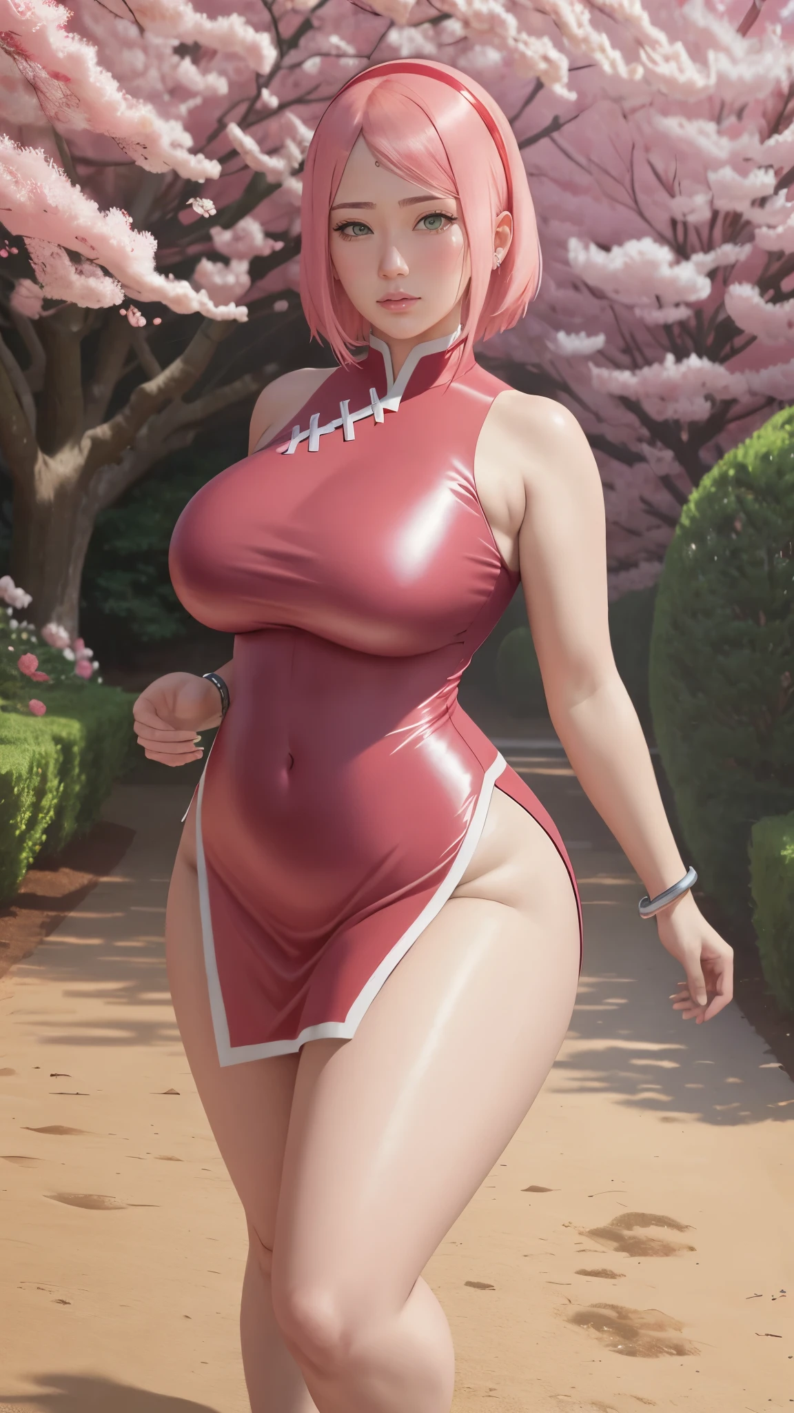 Chubby , thick, Curve, Realistic, Photorealistic,cowboy shot,masterpiece, absurdres, (colorful), 1girl, haruno sakura, forehead mark, red hairband, detailed chinesse mini dress, navel, groin, bracelet, looking at viewer, cherry blossoms, private garden, wind, floating hair, large breast, (((wide hips))), toned body, detailed eyes, dynamic pose, full body