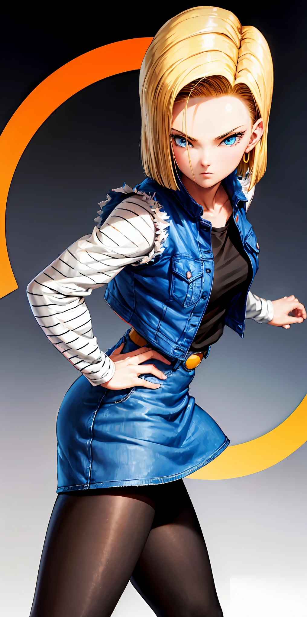 masterpiece:1.2, high quality, best quality, no background, white background, and18, 1girl, android 18, solo, blonde hair, blue eyes, short hair, earrings, jewelry, denim vest, open vest, black pantyhose, black shirt, denim skirt, striped long sleeves, blue skirt, medium breasts, standing, fighting stance, shoot from front, cowboy shot,