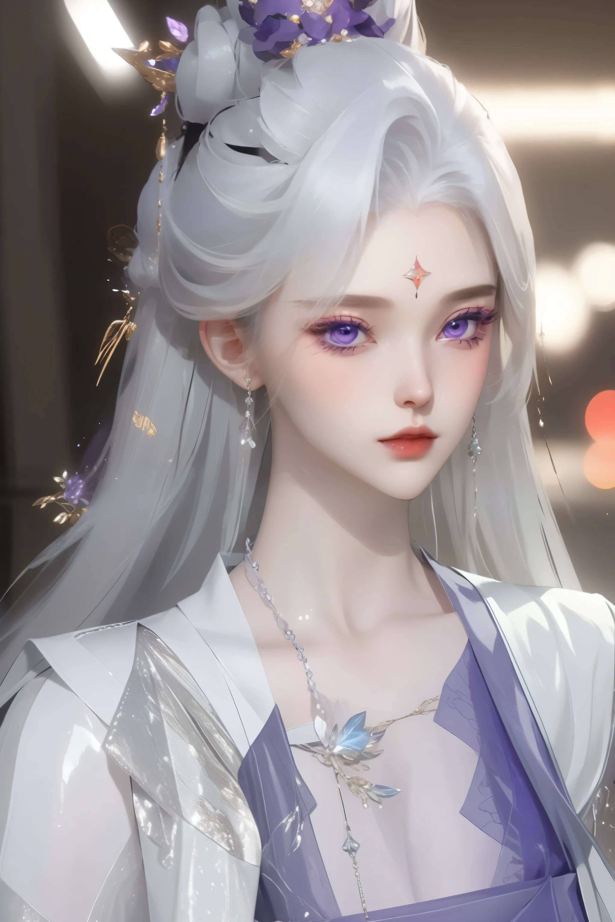 （best quality，masterpiece：1.2），ultra high resolution，realistically，front lighting，intricate details，Exquisite details and textures，（1 girl），alone，upper part of body，Purple Hanfu，好漂亮的big eyes，purple dress，Petal decoration，pretty face，facing the audience，ribbon，gossamer，（young），facial highlights，Detailed production，tear nevus，White skin，silver hair，high ponytail，looking at the audience，big eyes，（hollow pattern），ear nipple ring，fit，White background，right hand，professional lighting，photon mapping，radio city，Physically based rendering
