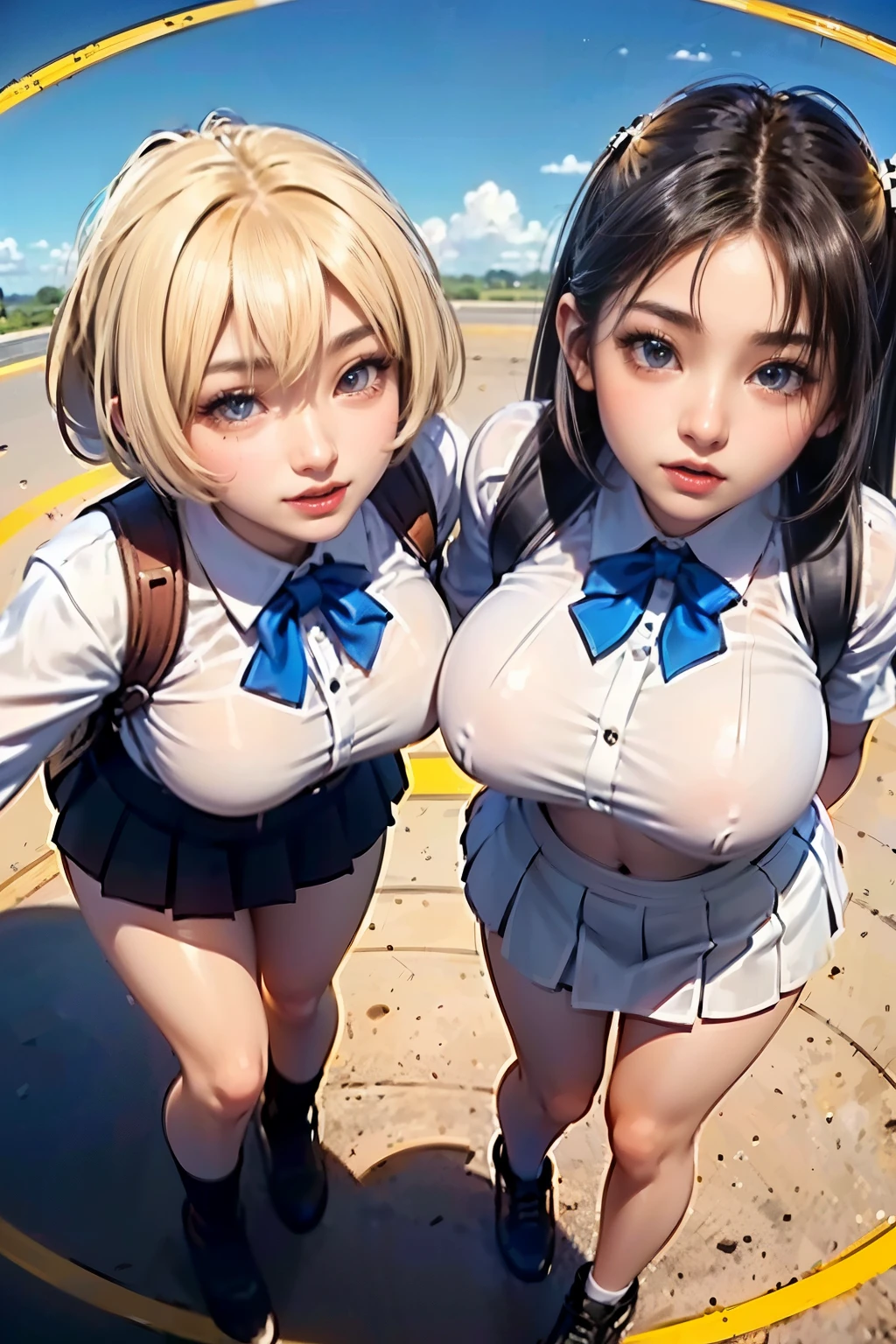 ((Three s in a circle，Look up to the sky，Shooting from above))，((wearing white shirt，short skirt，perfect face，big breasts))，((8k+ultra high resolution+ultra high definition+masterpiece+detailed)),(perfect face+supermodel+Delicate skin+high ponytail+huge breasts),[[[muscle]]],(((Anatomically correct))) ,