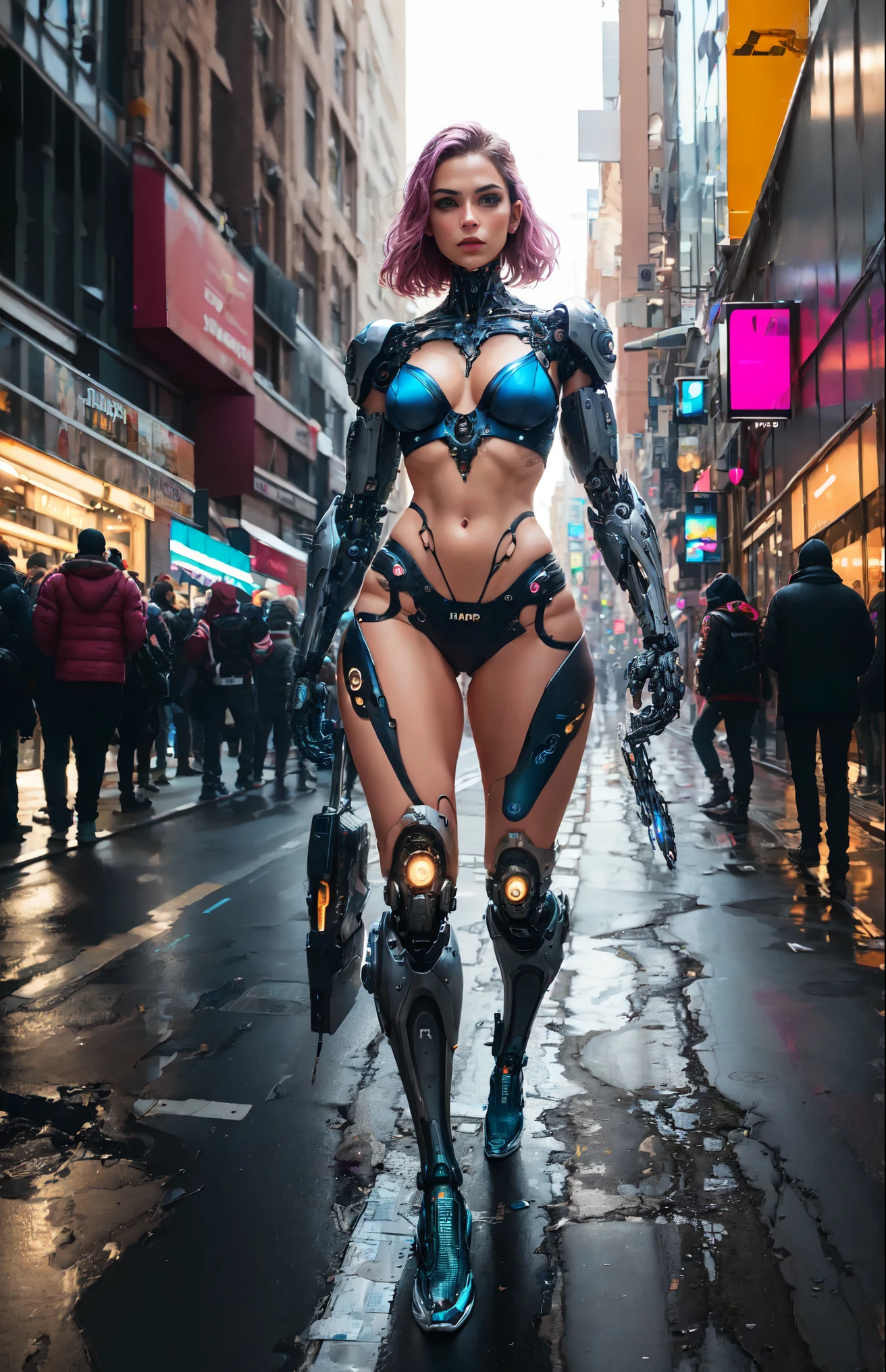 Female cyborg walking down the street in a crowd of people in the big city, defile show, high quality, best quality, absurdres, masterpiece, beautiful, intricate details, 1/2 body crop, slim body, beautiful figure, magnificent anatomy, (intricate details:1.12), HDR, (intricate details, hyper-detailing:1.15), (natural skin textures, hyper realisitc, soft light, Sharp:1.2)