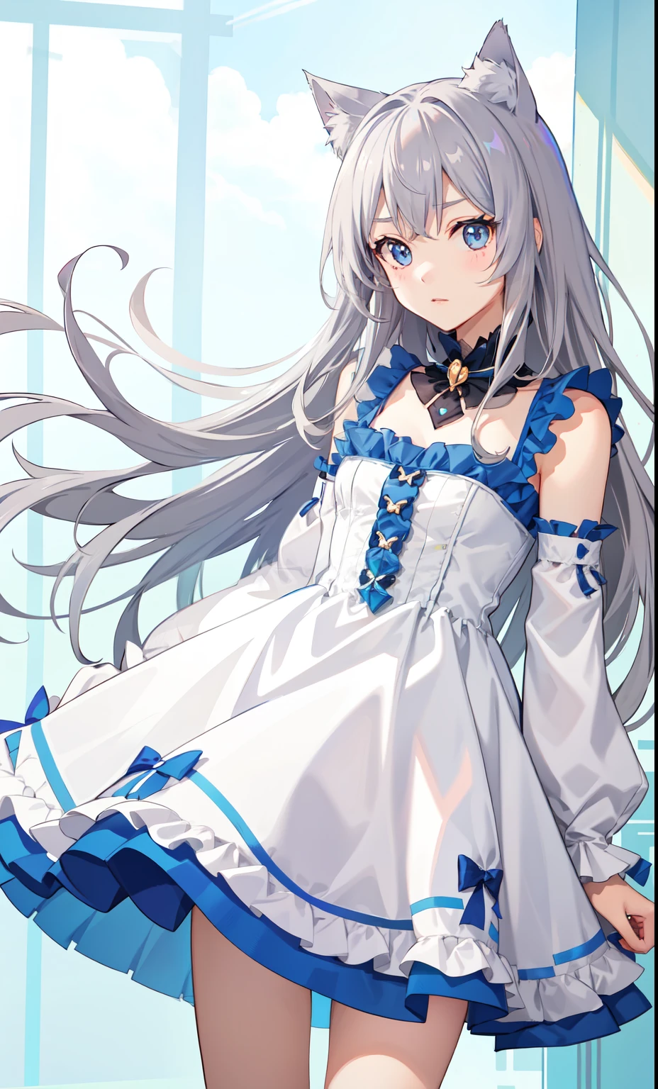 anime girl, White skin, with white hair, beautiful blue eyes, wearing a skirt, looking at the audience, meek expression, bare legs, 8K, High resolution