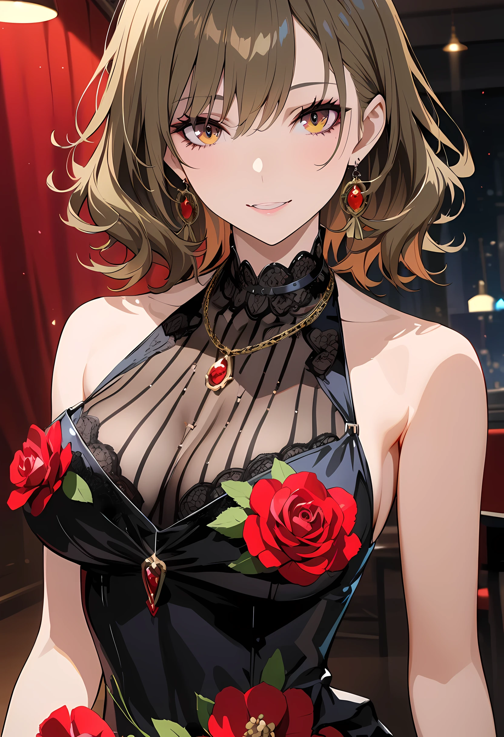 (Extremely detailed CG unit 8k wallpaper, masterpiece, best quality, super detailed), (best lighting, best shadow), 45 year old Spanish woman, Mature, square face, Put 1 red rose on the neck of the necklace, Wearing a black lace dress with red, gold earrings, Maria Padilla-like features, (highly refined skin: 1.2), Medium Brown Loose Hair with Lights