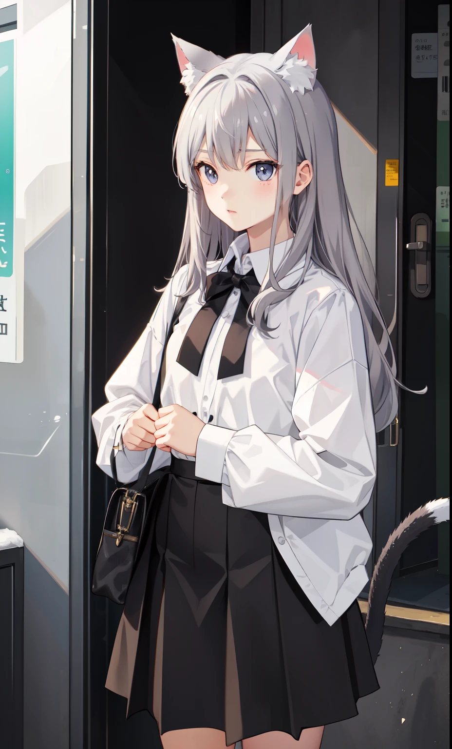 girl、かわいいgirl、blouse、skirt、(small breastovement、(gray hair)、Cat ear、