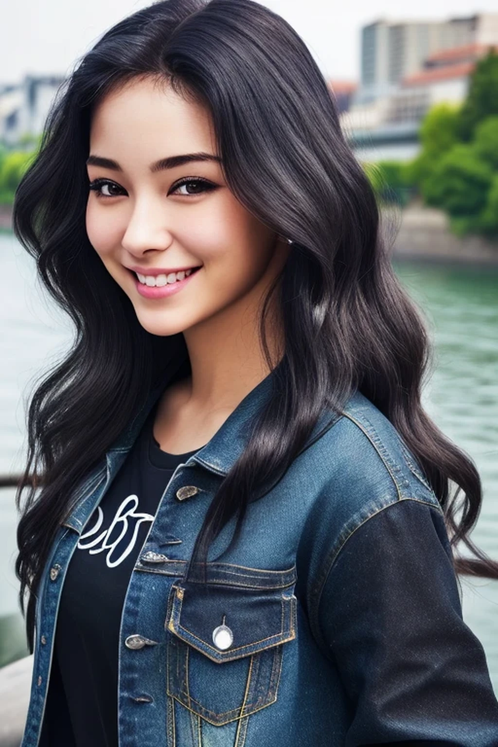 Close up photography, a beautiful girl next door wearing a black tshirt and jacket,wavy hairstyle, (sly smile), jeans, photoreal, hyperrealism, best quality, (natural skin texture, highly detailed face), masterpiece, sharp focus, absurdres,landscape the river,