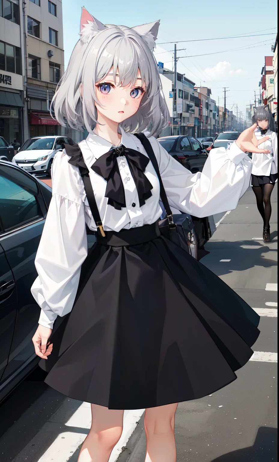 girl、かわいいgirl、blouse、skirt、(small breastovement、(gray hair)、Cat ear、