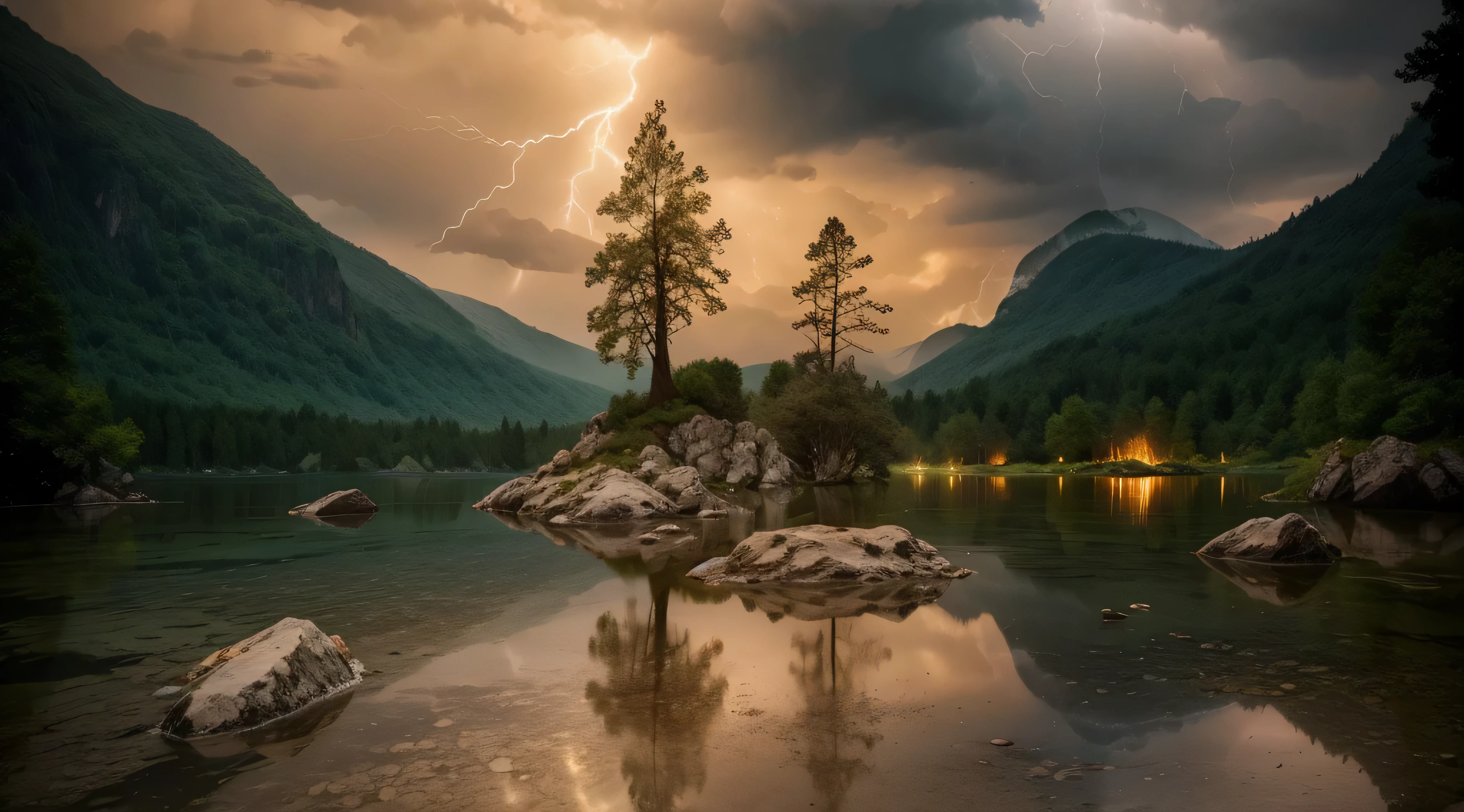 there is a lightning bolt hitting through the sky over a lake, lightening tree, natural lightning, magical stormy reflections, storm in the evening, lightning behind, stormy setting, lightning storms, lighning storm, beautiful lightning, beatifull lightning, thunder storm and forest on fire, lightning storm, perfect lightning, stormy weather with lightning, dramatic lightening, lightning strikes