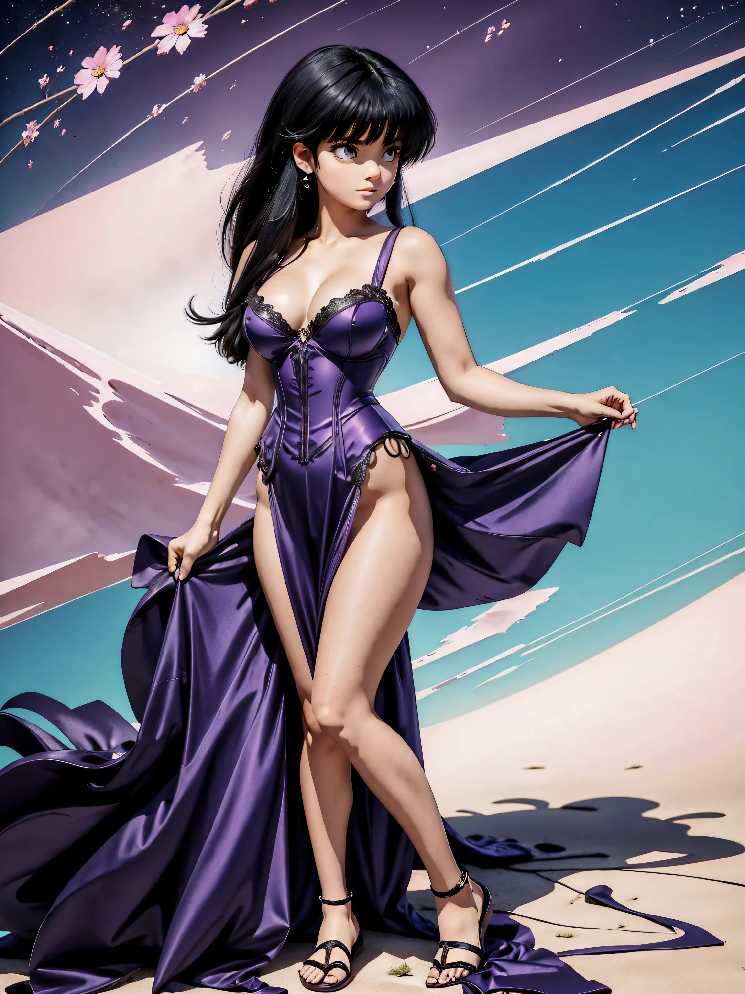 Garota anime de cabelo escuro com saia vestido longo purple meio transparente e espartilho, , corpo bonito, seios grandes, com hand in panties , hand in hair, Garota sensual, blue hair cabelo, mechas de cabelo laterais, mechas de cabelo na lateral do rosto, beautiful lighting, sombras suaves, olhos azuis, pernas bonitas, cabelo curto, estilo anime, personagem Akane Tendo, Autora Rumiko Takahashi, Baseado em obra de Rumiko Takahashi, Anime Ranma 1/ 2, decote sensual, quadril robusto, corpo inteiro, corpo inteiro, busto grande, garota jovem com corpo belo e bonito, sandals on his feet, garota 16 anos usando saia e corset pink e purple meio transparente, garota anime, estilo anime, beautiful feet in sandals, 45° viewing angle, ao ar livre, peito grande, seios bonitos, cabelo preto, sandals on the feet, pernas bonitas, sensual, belas pernas, Sandalias, seios grandes, corpo completo, corpo inteiro, feet with sandals, anime realista, saia, sarja roxa, personagem realista sensual, postura ereta, ao ar livre, calcinha pink, hand in panties, saia vestido com 50% de opacidade meio translucida, ao ar livre, perfect feet with sandals, saia longa vestido
