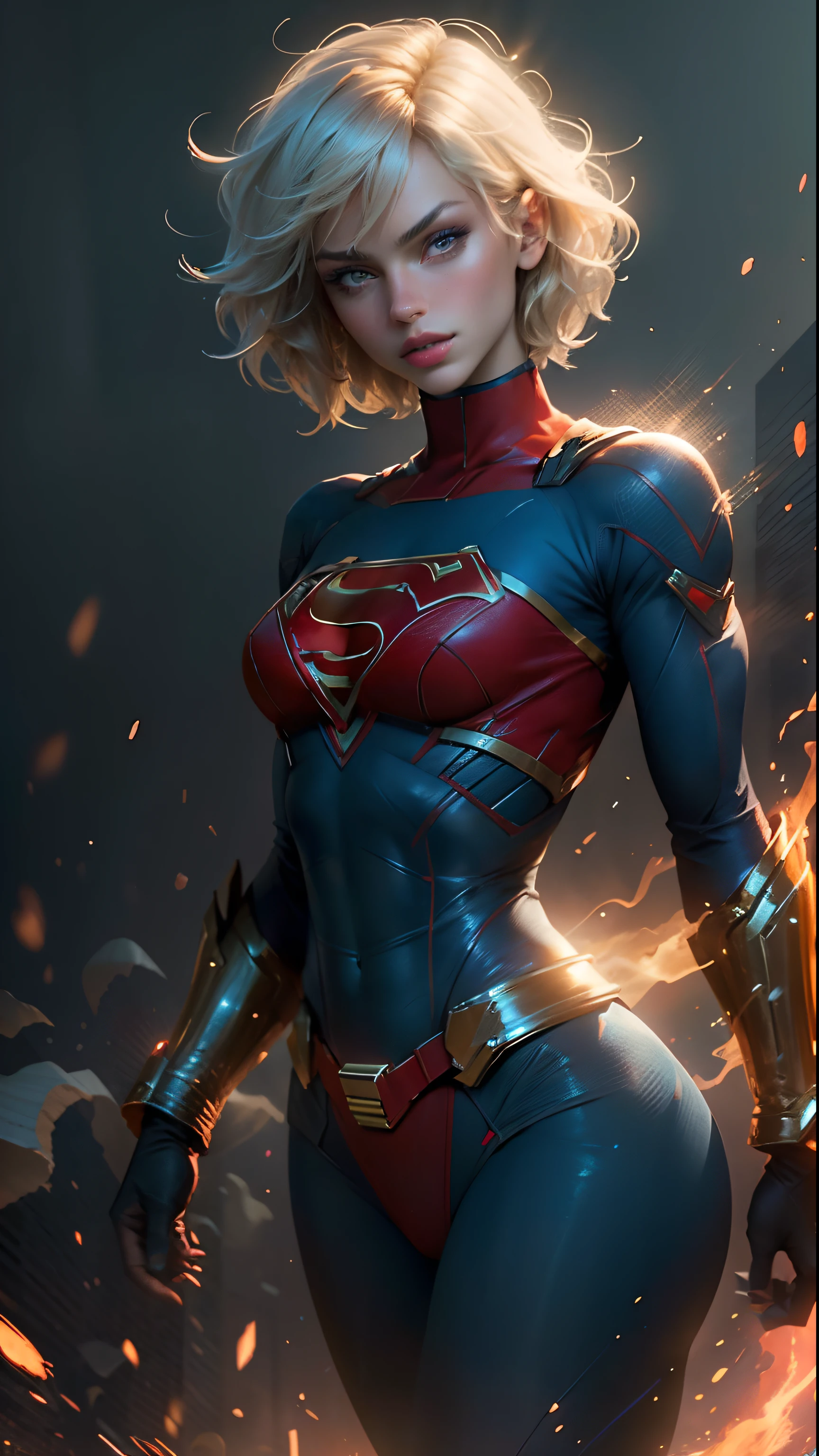 "((best quality,best illumination)), beautiful model with short hair and athletic body, wearing Supergirl cosplay, accentuated and highlighted breasts, dynamic pose, colorful background, high saturation, vibrant lights."