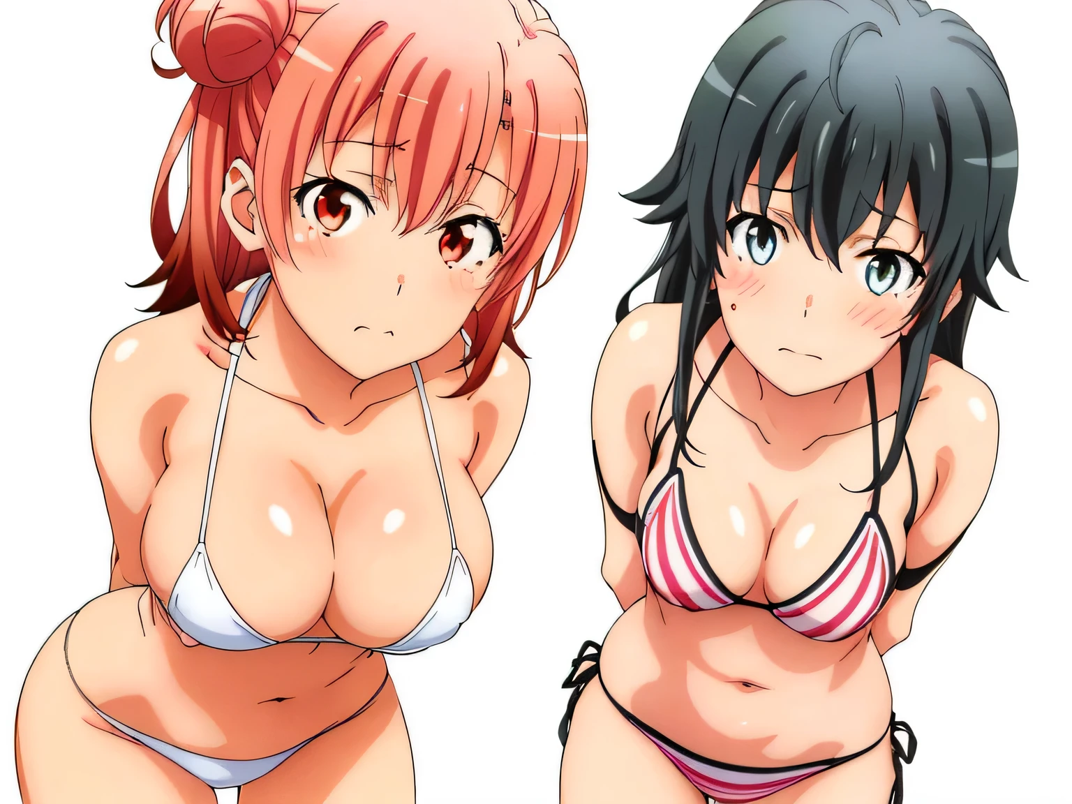 ((2 girls ), ((yuigahama yui is big bust and ヒップライン are great)),((Yukinoshita Yukino)),,In a swimsuit,squat,body facing forward,they have their hands behind their backs,(Bra with nipple bulge line),shiny tops,belly button,,(light pink bikini:1.0),(white bikini:1.0),pussy line,(thighs),,((high angle:1.0)),(beautiful eyes),look at the camera,blush,troubled face,Insert your head