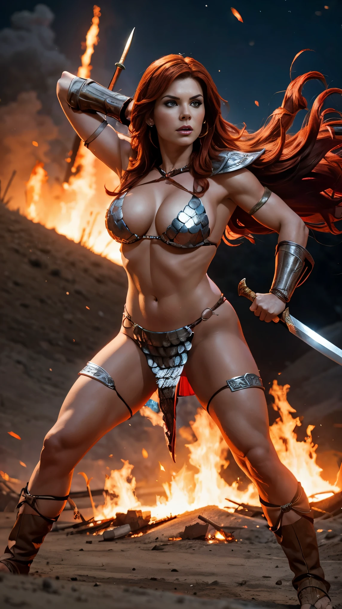 Alison Tyler as Red Sonja,warrior woman, stand up posing with a sword, battle-ready, battle scene night, fire and chaos