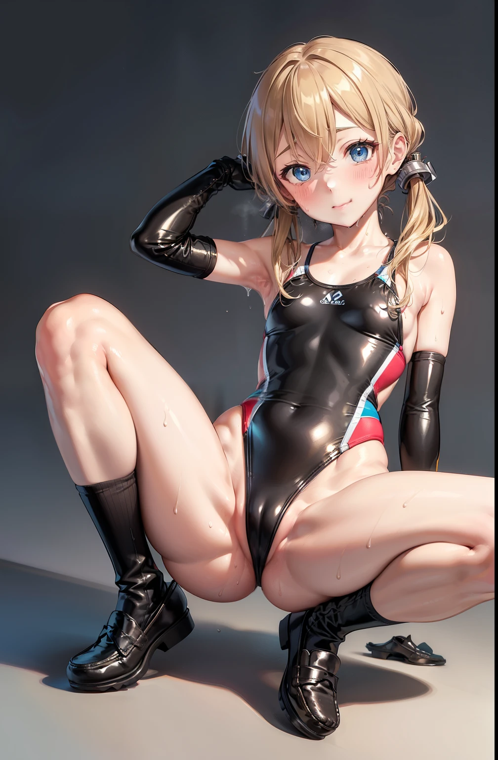 camel toe:1.4、(Sweat)、(vapor)､(((long gloves:1.3)))、(blue eyes)、((brown loafers))、((black knee-length socks))、Open your thighs wide to the left and right､squatting、show off your crotch to the viewer, ((latex micro bikini swimsuit:1.3、sit, spread your legs:1.3, arm behind head ))、、absurd、pigtails hair、blonde、flat lighting、elevation angle、sexy pose、highest quality、Complex、surreal、perspective, very detailed, detailed background, shape、1 girl、alone、small breasts、light smile, embarrassing, blush, Poolside, (Sweat), 
