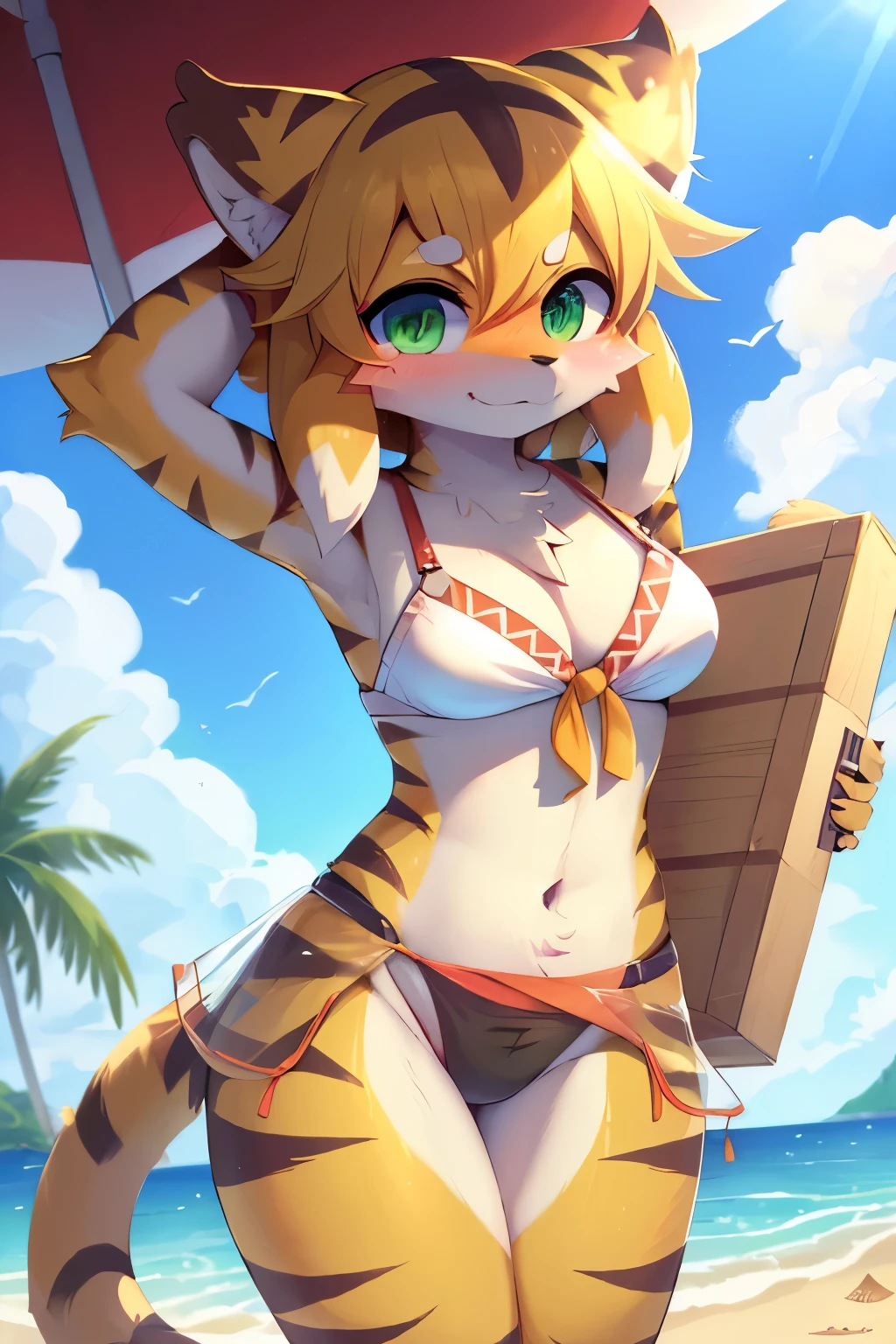 ((best quality, masterpiece, perfect anatomy, detailed picture)), furry, 1female, Mia, (World Flipper), sexy, green eyes, black sclera, tiger tail, summer outfit, panties, red blushing, shy, in the beach,