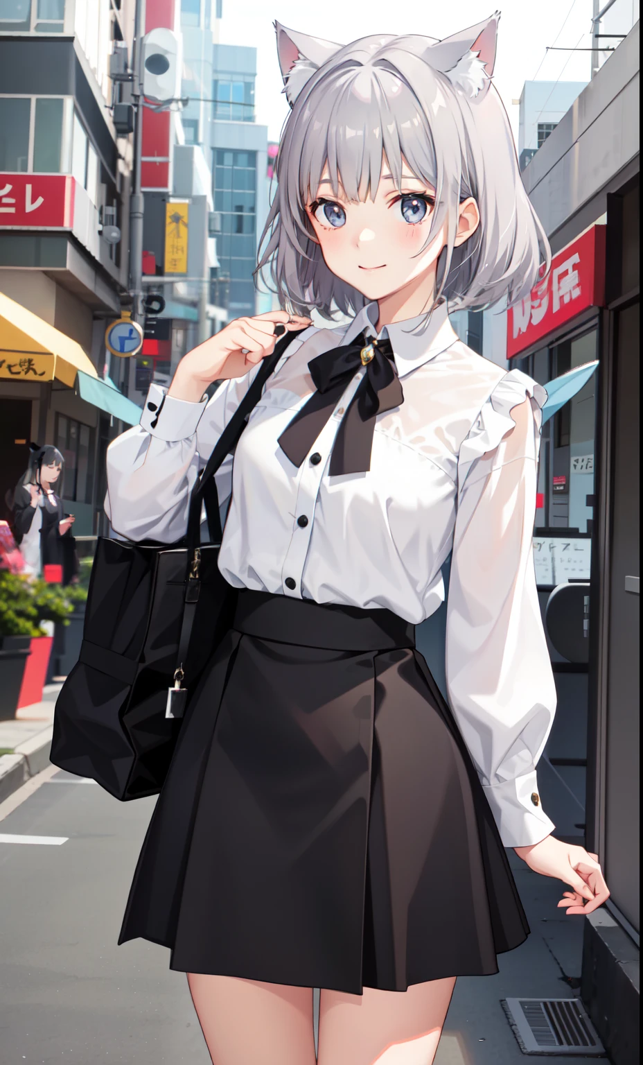 girl、かわいいgirl、smile、blouse、skirt、(small breastovement、(gray hair)、Cat ear、