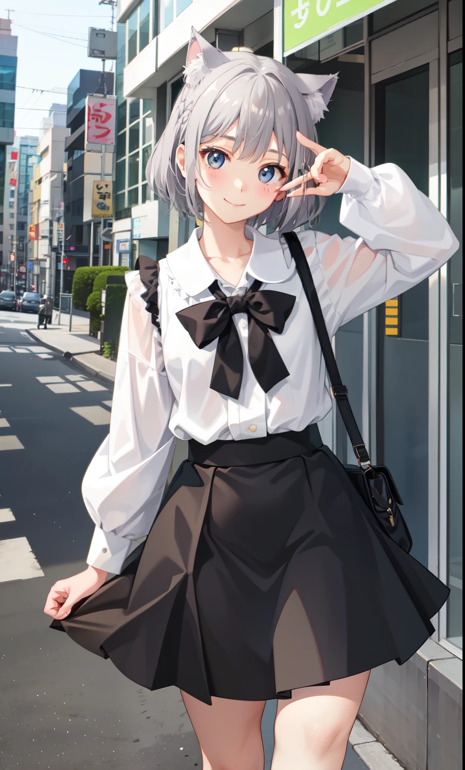 girl、かわいいgirl、smile、blouse、skirt、(small breastovement、(gray hair)、Cat ear、