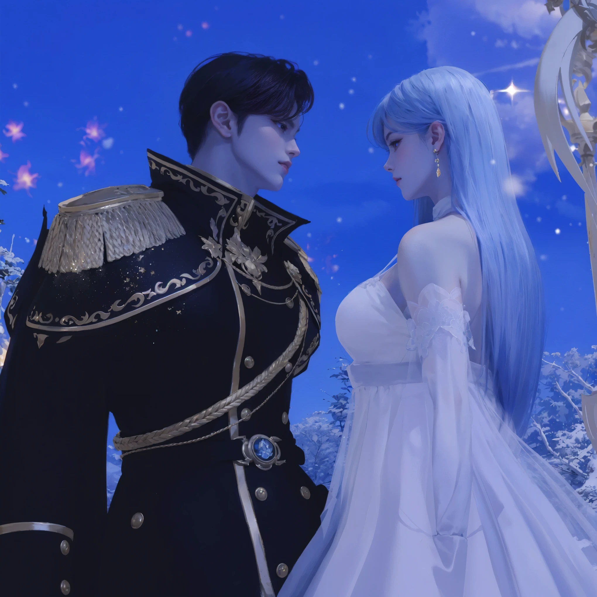 couple d&#39;anime vêtu de vêtements formels debout dans un champ couvert de neige, porter des vêtements formels fantastiques, nixeu et sakimichan, Hidari et Vlop, cinématique des porteurs d&#39;ombres, lineage revolution style 2, Sakimichan et Frank Franzzeta, from lineage 2, griffith, chevalier et princesse, ils sont amoureux, je vais, the married ones