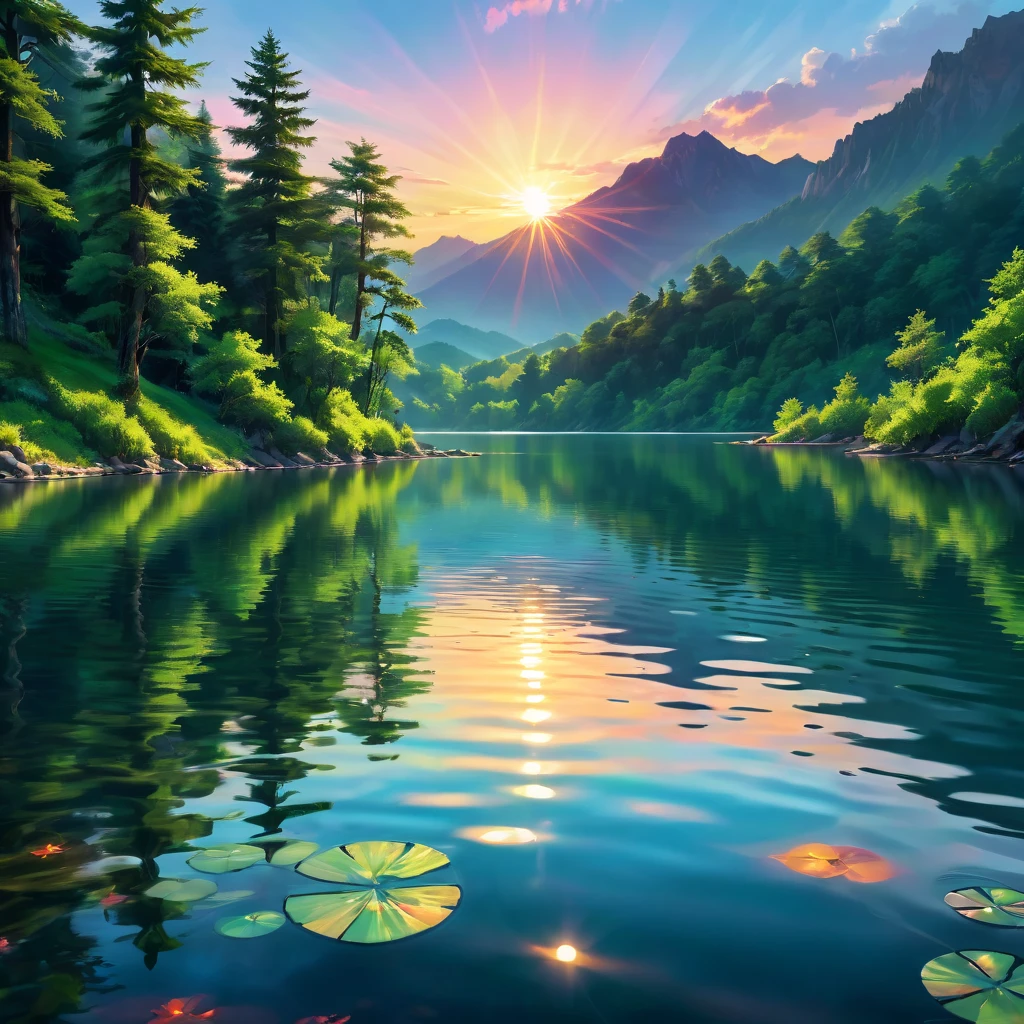 Reflection, aesthetic, extremely detailed, water reflection,beautiful colorful sunset reflection,rippling water,peaceful scenery,serene atmosphere,tranquil moment,serene lake surface,luminous sky reflection,rays of light dancing on water glass-like appearance,calm and clear water,soft and gentle waves,lush green surroundings,trees and mountains reflected in water,serene sky,serenity and tranquility,harmonious colors,water ripples spreading across the surface,serene and peaceful ambience,serene and still waters,tranquil beauty,serene and calm surroundings,vibrant and vibrant colors reflecting on the water,dreamy and ethereal atmosphere,natural beauty,reflective surface,serene and calm emotions,lake and mountain scenery,rays of sunlight illuminating the scene,peace and tranquility in nature,harmony and balance,luminous and glowing reflection,mirror-like reflections,nature's mirror