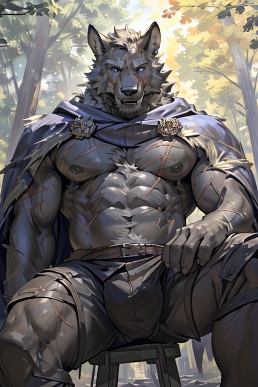 blaidd, in partial shadows, cape. 4k, high resolution, best quality, perfect colors, perfect shadows, perfect lighting, posted on e621, furry body, solo, male, adult, bare big chest, masculine, (very muscular, buff, heavyweight, strong body:1.6), correct anatomy, (photorealistic fur, detailed fur, epic, masterpiece:1.2), (black nipples:1.2) (nipple play:1.2), (dark fantasy world background, trees, black sky, night, cold), (by Taran Fiddler, by Chunie, by Traver009, by wfa:1.1), (genital fluids:1.2), (detailed eyes, blue eyes:1.2), (half body:1.1), horny face, strong posture, (large scars on body, scars on face:1.1), visible breath, (veins, vascular:1.2), (moaning loudly), soft shadows, looking at viewer, messy fur, gruff, (sitting down:1.2), more close-up to chest, stand up, open legs,(worm eye view), more view from under chest, half body, look down