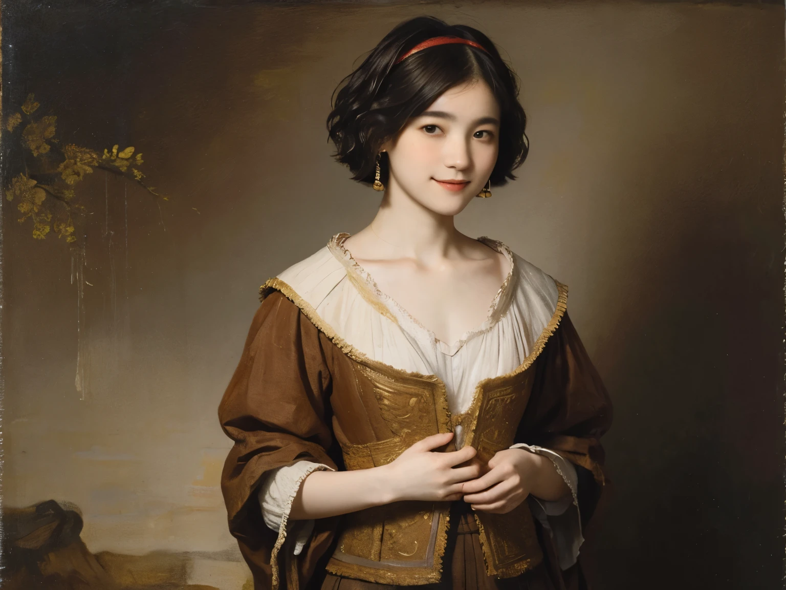 184 Short hair, 20 year old female, gentle smile, (rembrandt style painting), (chest:1.46), whole body, beautiful feet
