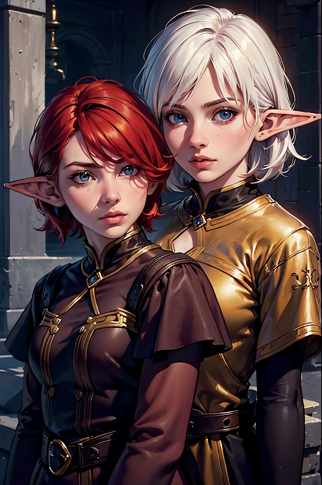 (high quality, detailed, vivid colors:1.2),(realistic,photorealistic,photo-realistic:1.37),portraits,two elf girls, elf sisters,red hair,white hair,short haircut,long haircut