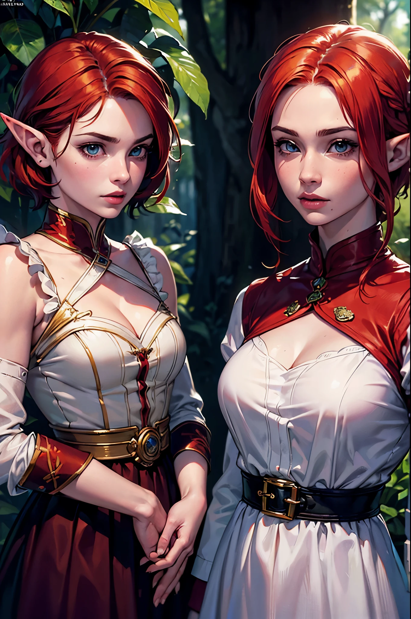 (high quality, detailed, vivid colors:1.2),(realistic,photorealistic,photo-realistic:1.37),portraits,two elf girls, elf sisters,red hair,white hair,short haircut,long haircut