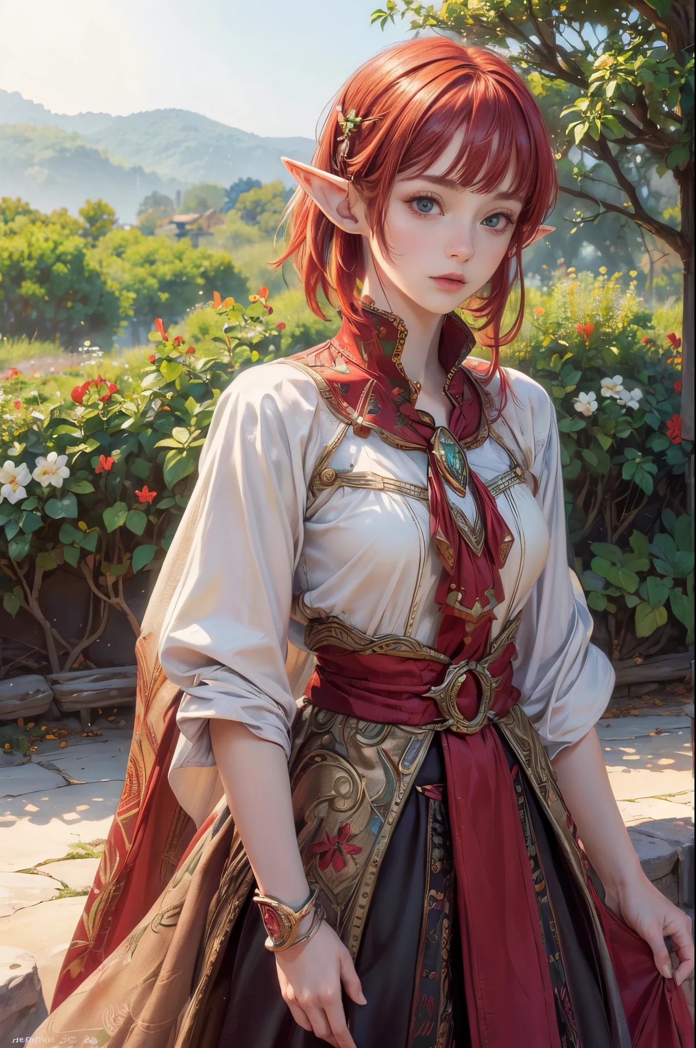 (high quality, detailed, vivid colors:1.2),(realistic,photorealistic,photo-realistic:1.37),portraits,two elf girls, elf sisters,red hair,white hair,short haircut,long haircut