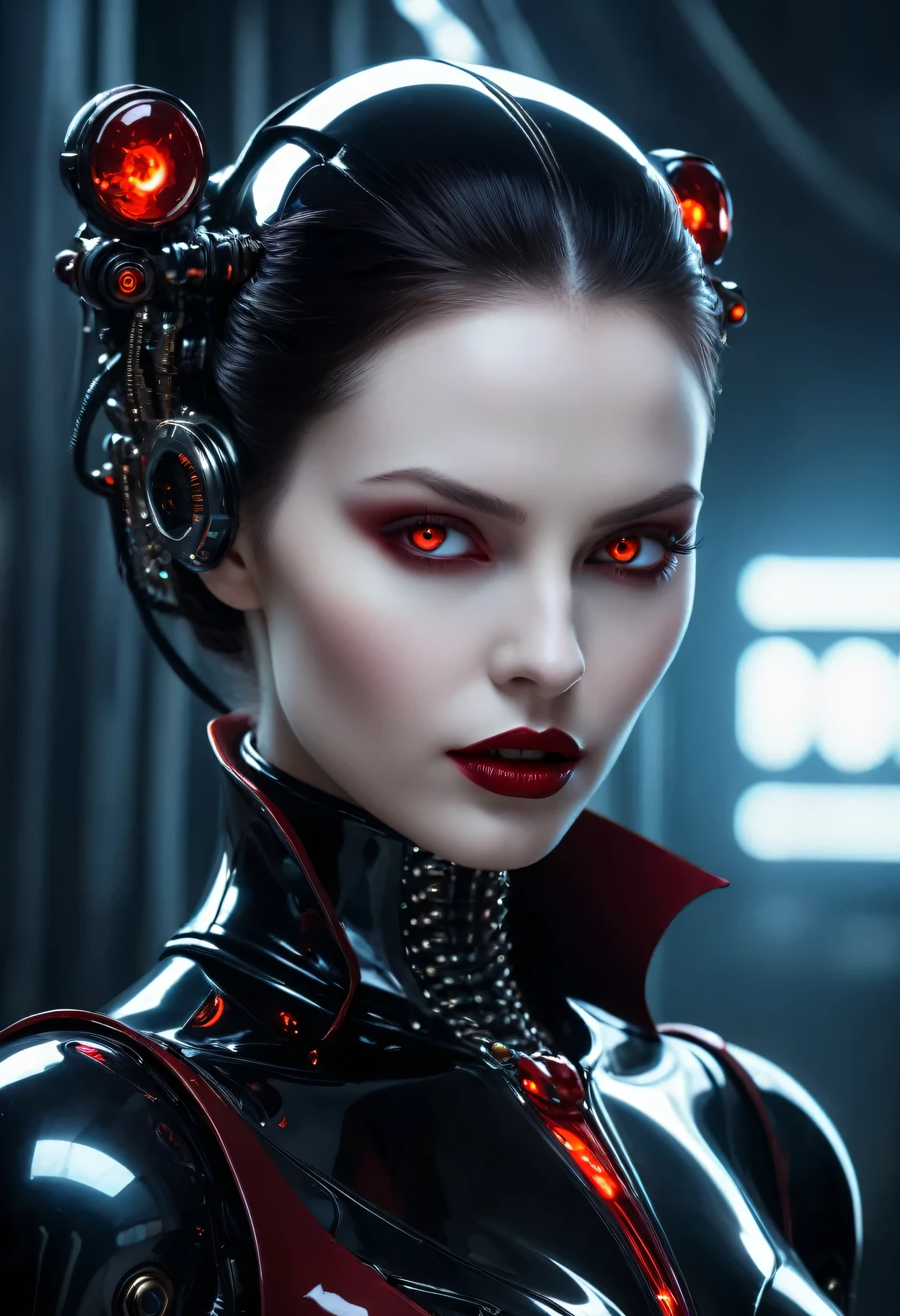 (best quality,4K,8K,high resolution,masterpiece:1.2),Super detailed,(actual,photoactual,photo-actual:1.37),Female vampire robot,reflection,[metallic color],[glowing eyes],[sharp fangs],[pale skin],Mechanical perfection,The room is dimly lit,unforgettable beauty,ethereal and graceful,AI,sparkling silhouette,Immortal existence,otherworldly existence,High-tech aesthetics,Subtle movements,charming gaze,Virulence,dark shadow,Stylish design,mysterious aura,Advanced technology,cybernetic enhancement,Supernatural powers,Tempting but dangerous,Industrial background,Subtle steam,ominous atmosphere,Blood-red lips,futuristic elements,gothic tone,fatal grace,otherworldly beauty