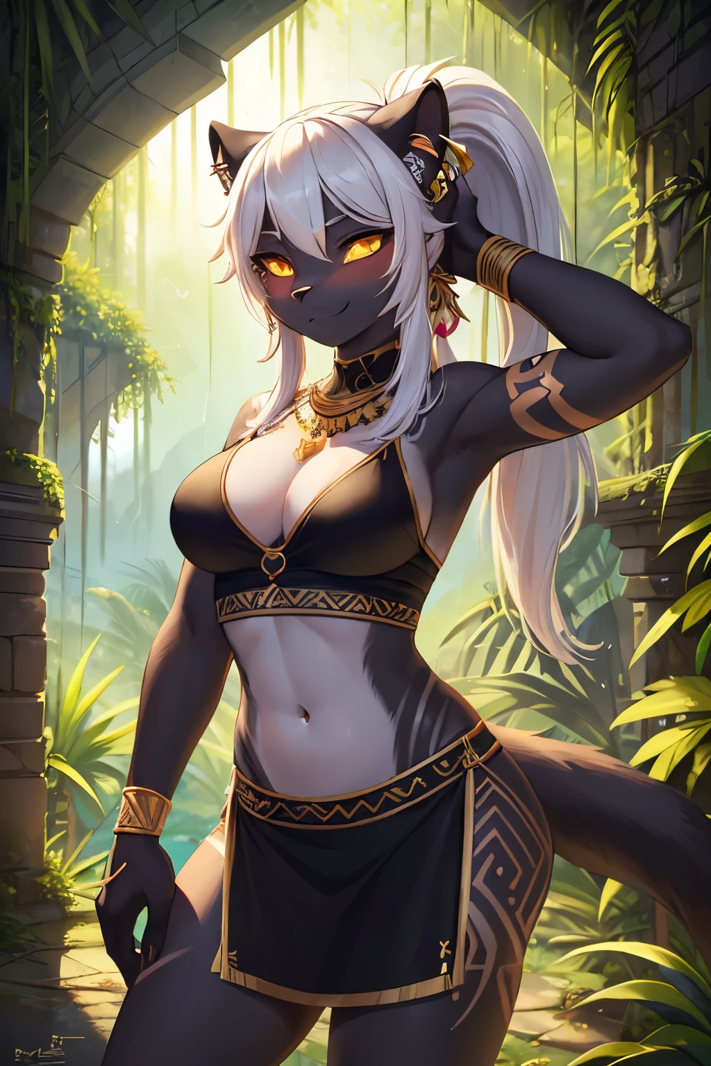((best quality, masterpiece, perfect anatomy, detailed picture)), furry, 1female, panther, two tone fur, black body, grey fur, sexy, long white hair, ponytail hair, panther tail, yellow sclera, tribal tattoo, summer outfit, ear rings, red blushing, shy, in the ruins, rain forest,