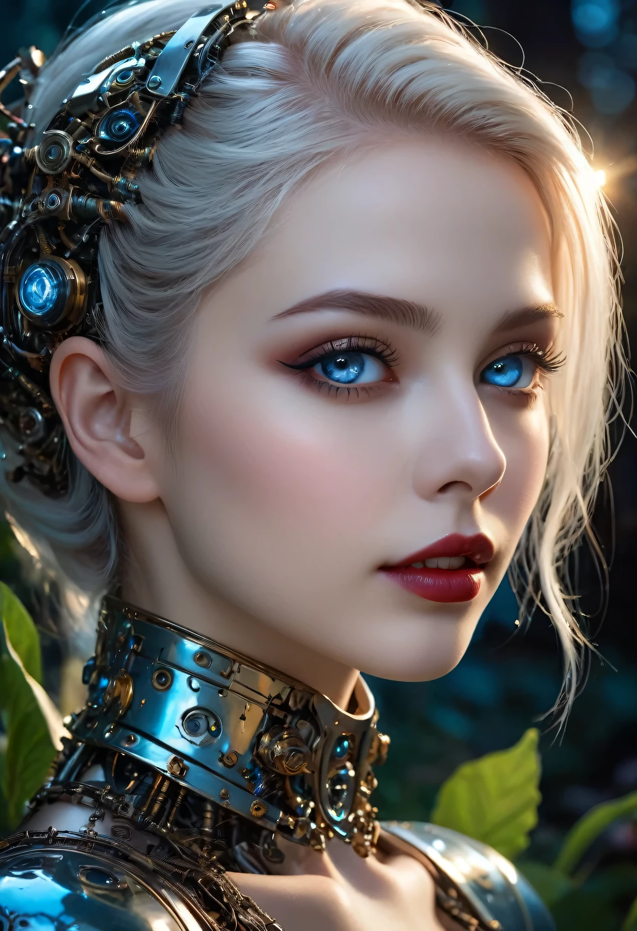 (best quality,4K,high resolution,masterpiece:1.2),Super detailed,(actual,photoactual,photo-actual:1.37),metal reflection,girl,Beautiful and delicate eyes,Beautiful and delicate lips,Extremely detailed eyes and face,long eyelashes,vampire,robot,reflection,Metal skin,glowing blue eyes,dark and mysterious atmosphere,garden background,moonlight,ethereal,scary charming expression,porcelain complexion,Smile is subtle but charming,Mechanical parts mixed with organic elements,Strong contrast between light and shadow,textured metallic hair,cybernetic enhancement,antique mirror,bright colors,gothic style,unforgettably beautiful,Sublime artistry
