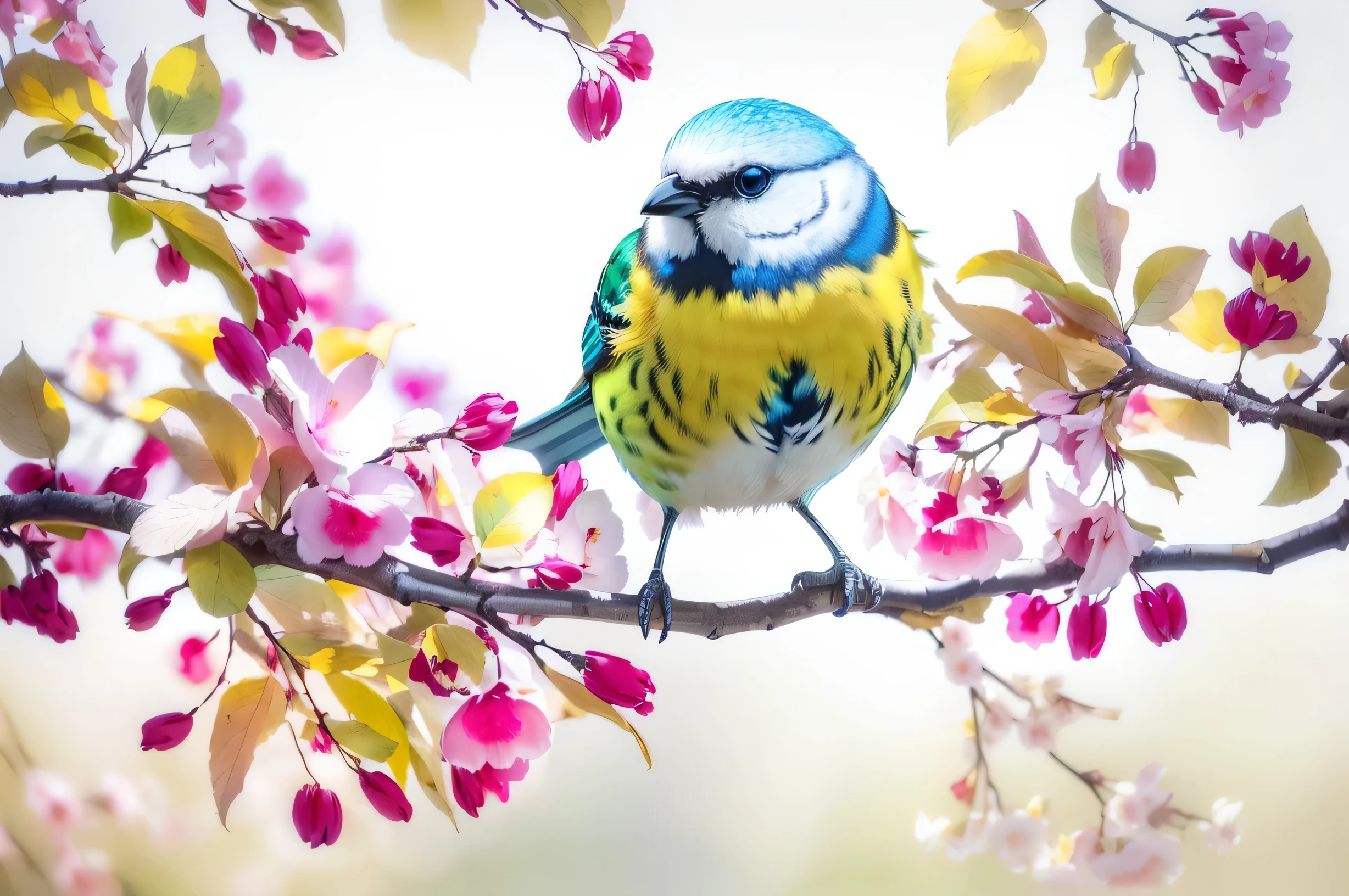 there is a bird sitting on a branch of a tree, birds on cherry tree, beautiful nature, colorful birds, springtime vibrancy, spring colors, spring time, colorful bird with a long, beautiful photo, colorful hd picure, vibrant nature, is looking at a bird, nature photo, very beautiful photo, photo of a beautiful, blue and yellow fauna