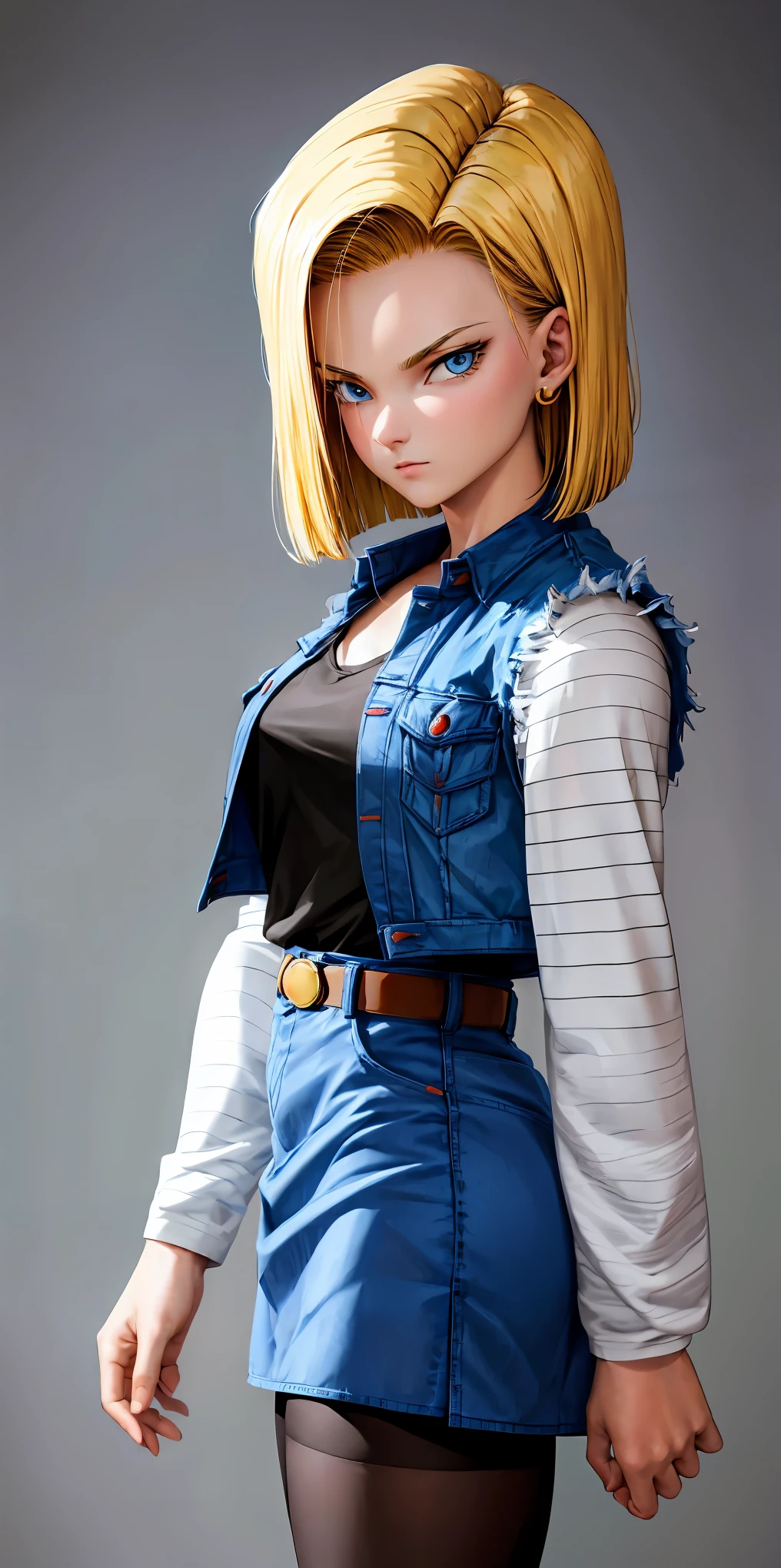 masterpiece:1.2, high quality, best quality, no background, white background, and18, 1girl, android 18, solo, blonde hair, blue eyes, short hair, earrings, jewelry, denim vest, open vest, black pantyhose, black shirt, denim skirt, striped long sleeves, blue skirt, medium breasts, stfighting stance, shoot from front, cowboy shot,