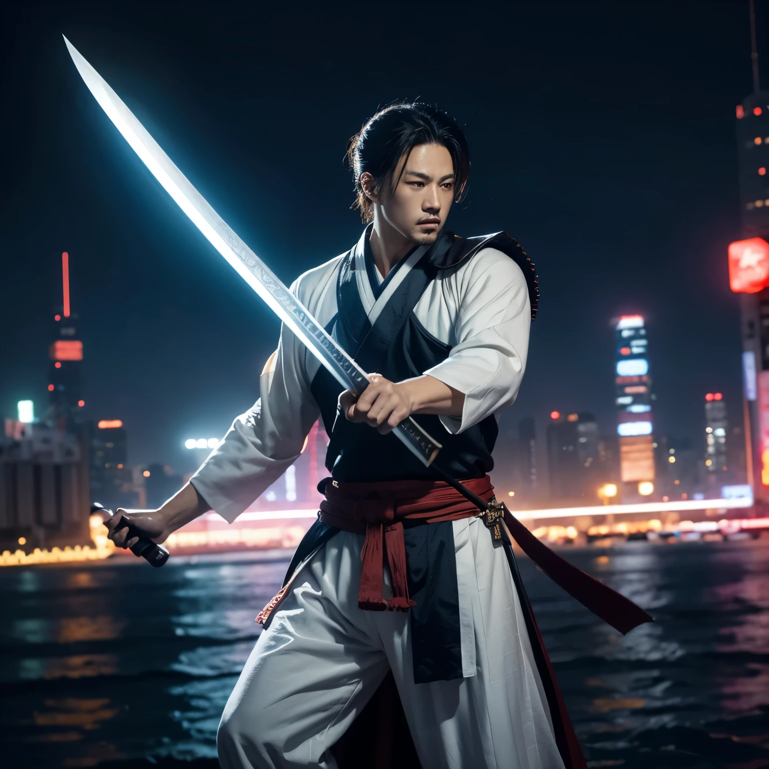 ((jim lee style)) Rendering of a man swordsman in hanfu against neon city background