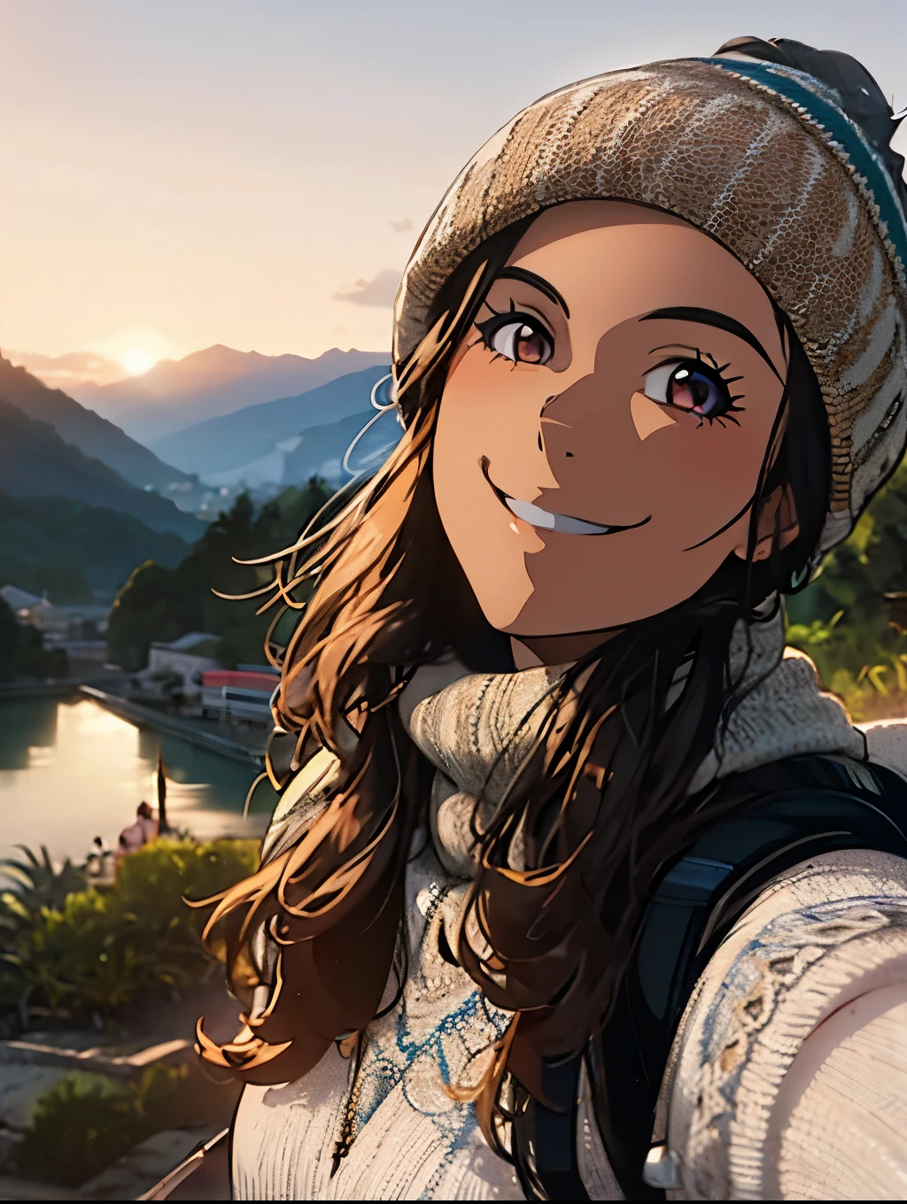 Alafid woman with backpack taking selfie at sunset, Perfect portrait composition, beautiful and smiling, warm and gentle smile, beautiful smile, Beautiful face with backlight, extremely beautiful face, good looking face, Beautiful face woman, , smiling young woman, attractive girl, High quality 4k portraits, Gorgeous and charming face, Perfect smile, portrait 4k