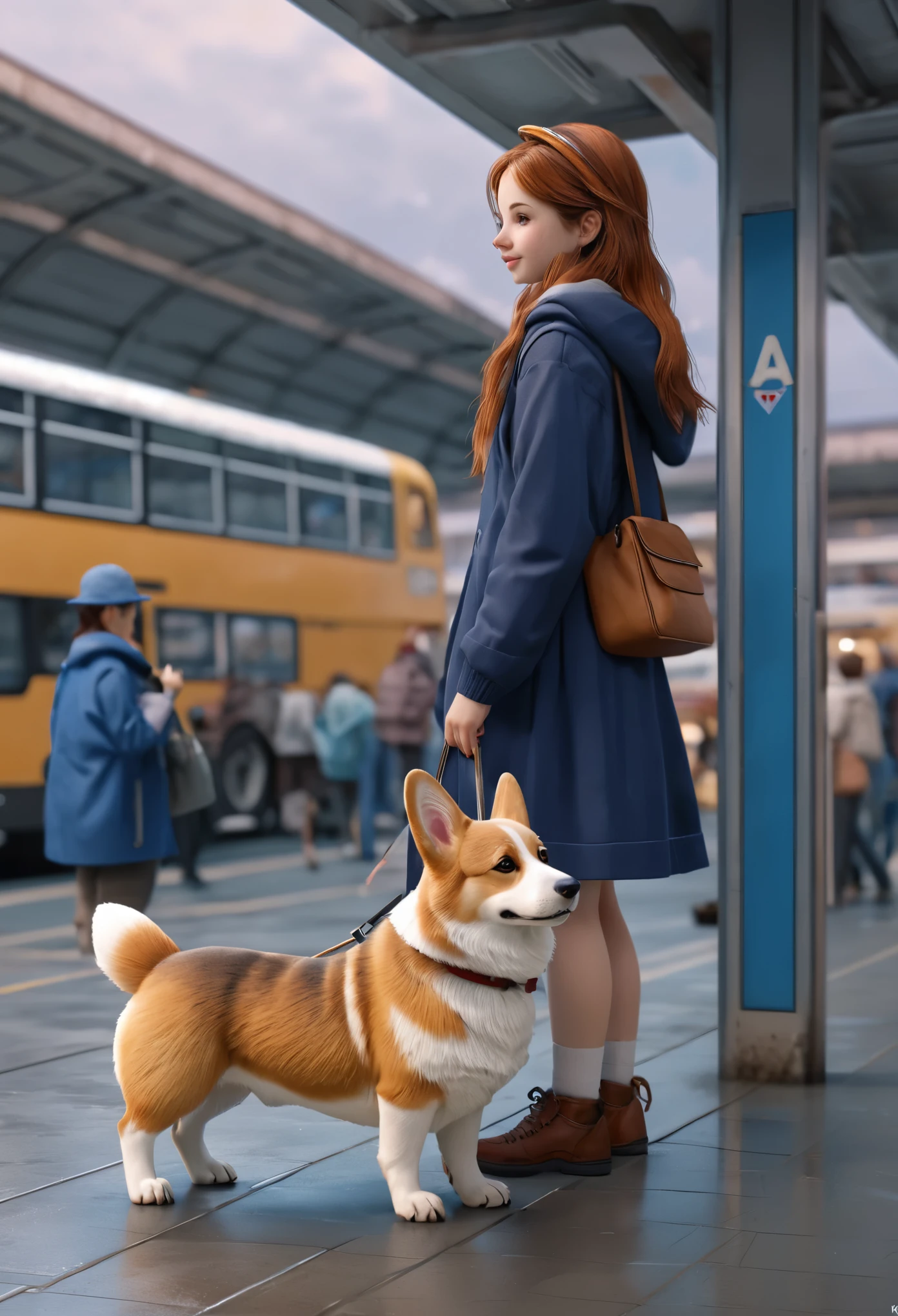 love story, a cute girl and a corgi dog, Bus Station, (best quality, masterpiece, Representative work, official art, Professional, Ultra intricate detailed, 8k:1.3)