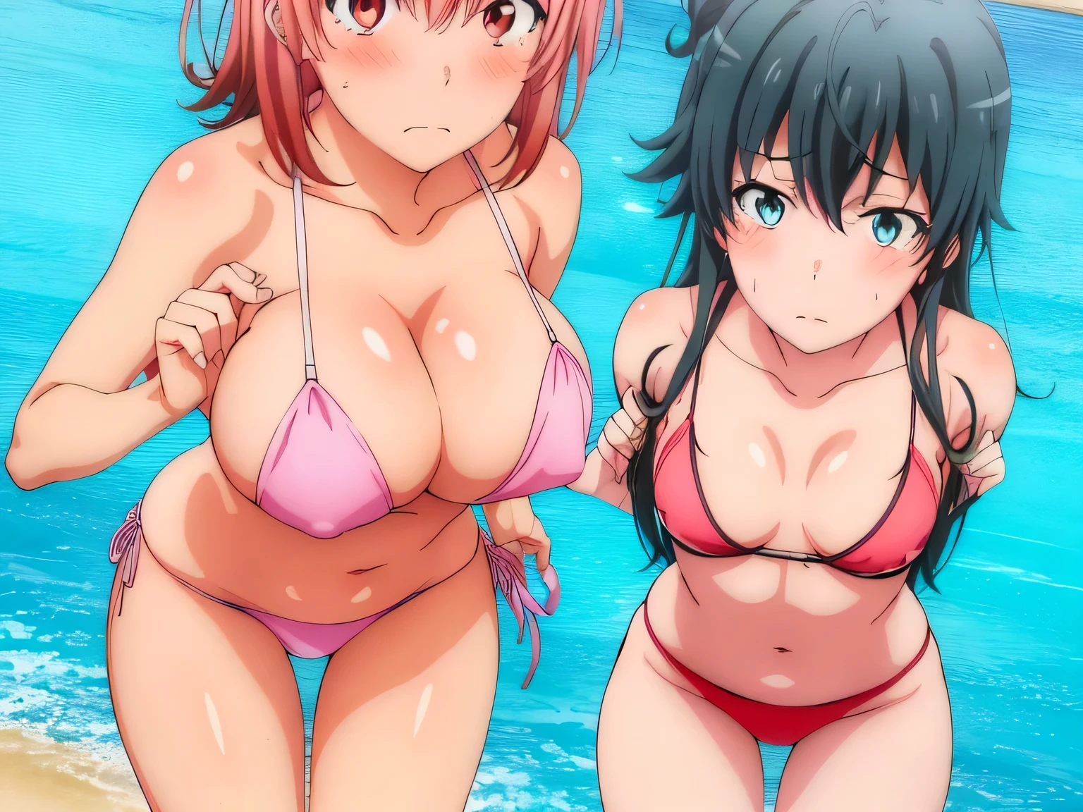 ((2 girls ), ((yuigahama yui is big bust and ヒップライン are great)),((Yukinoshita Yukino)),,Ocean,In a swimsuit,body turns forward,they have their hands behind their backs,(Bra with nipple bulge line),Shiny tops,belly button,,(pink bikini:1.0),(thighs),,((high angle:1.0)),(beautiful eyes),look at the camera,blush,troubled face,Insert your head