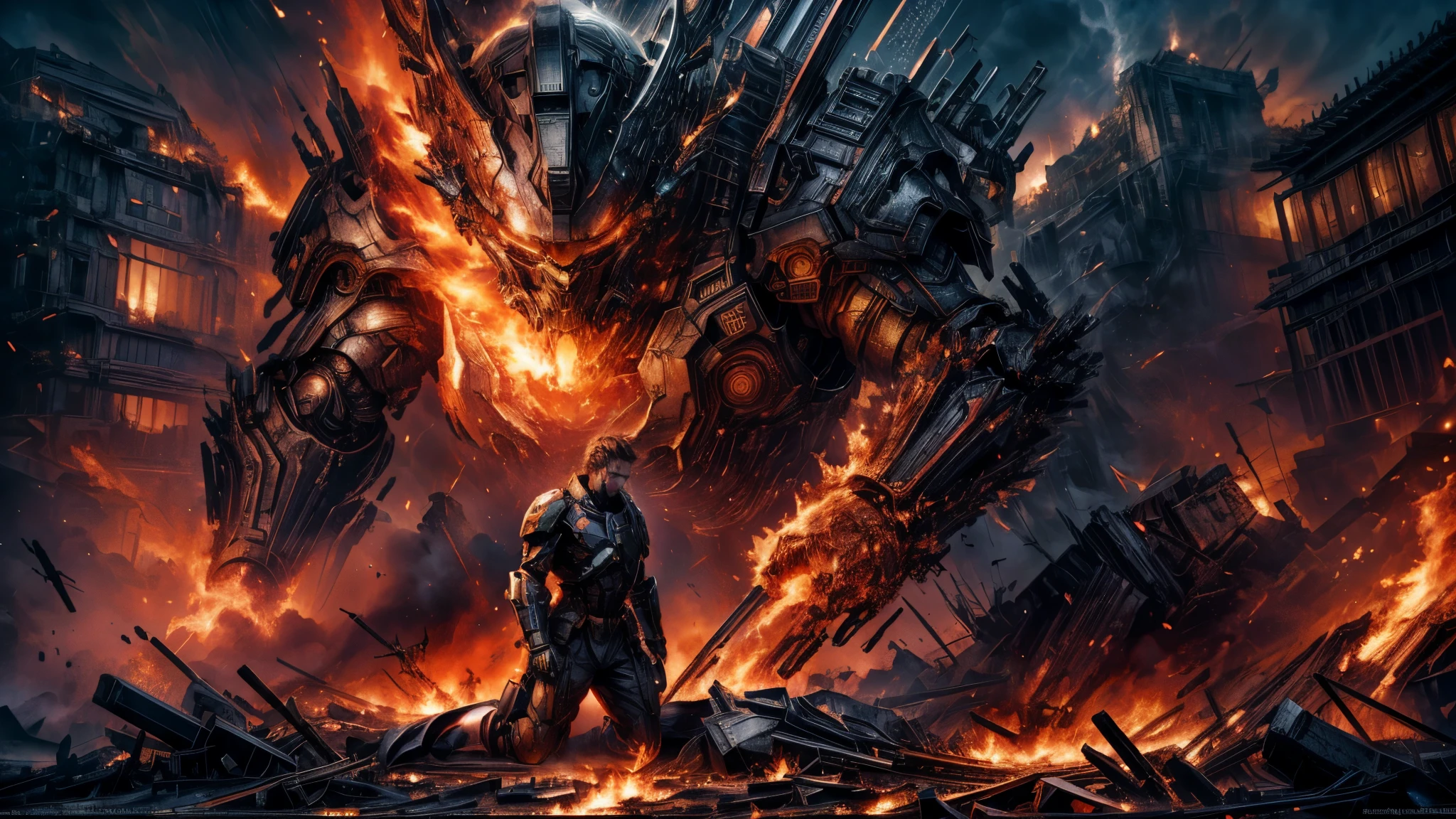 battlefield, flames of war, the man standing on his knees, crying, short dark hair, creepling feeling of betreyeal, hear breaking view, shoking view, the world crumbling, depressing, the tragedy, halo, tears, gradient eyes, crying with eyes open, nosebleed, wide shot, wide shot, best quality, high quality, super detail, award winning, highres, 4K, 8k, best quality, high quality, super detail, award winning, highres, 4K, 8k
