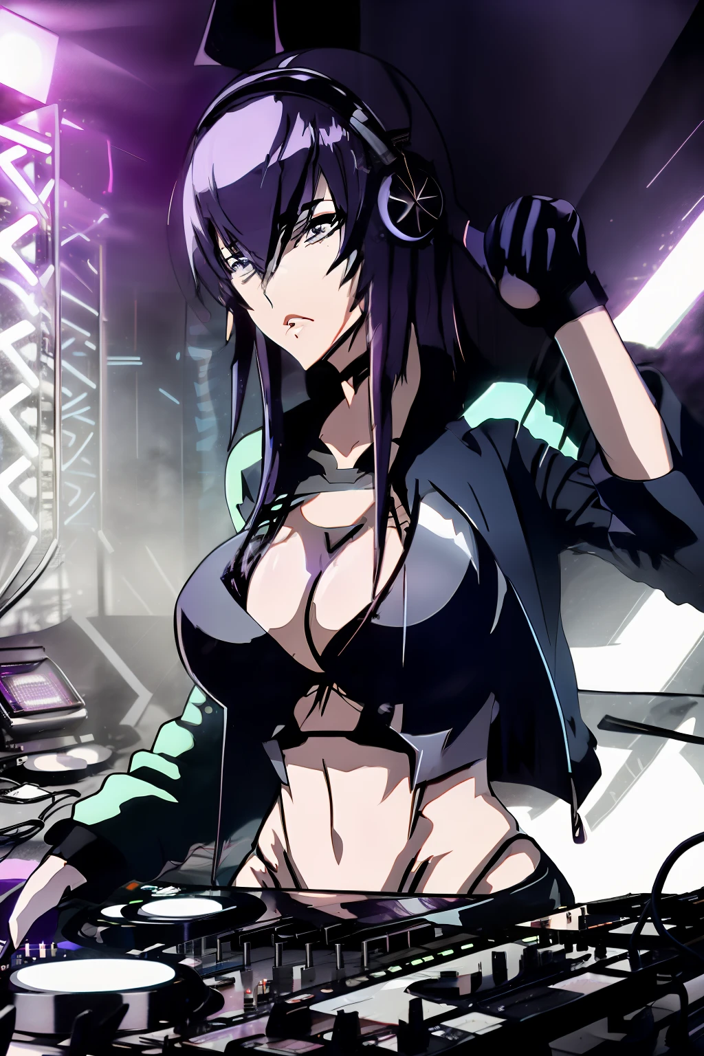 "Saeko Busujima, Cyberpunk DJ girl with cool head set, cool open jacket and crop top shirt, two big LED glowing loudspeakers on each side, immersed in a neon-lit environment, vinyl record on turntable with music mixer and turntable in front of her, exuding an electrifying disco vibe in a futuristic night club."